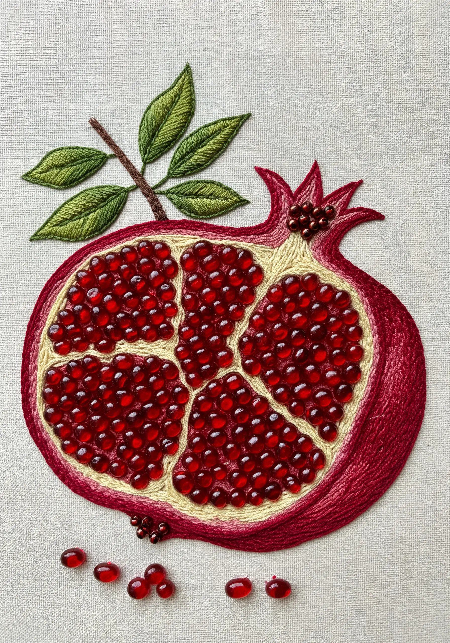 A cross-section of a pomegranate with thread-stitched peel and glossy red beads for seeds.