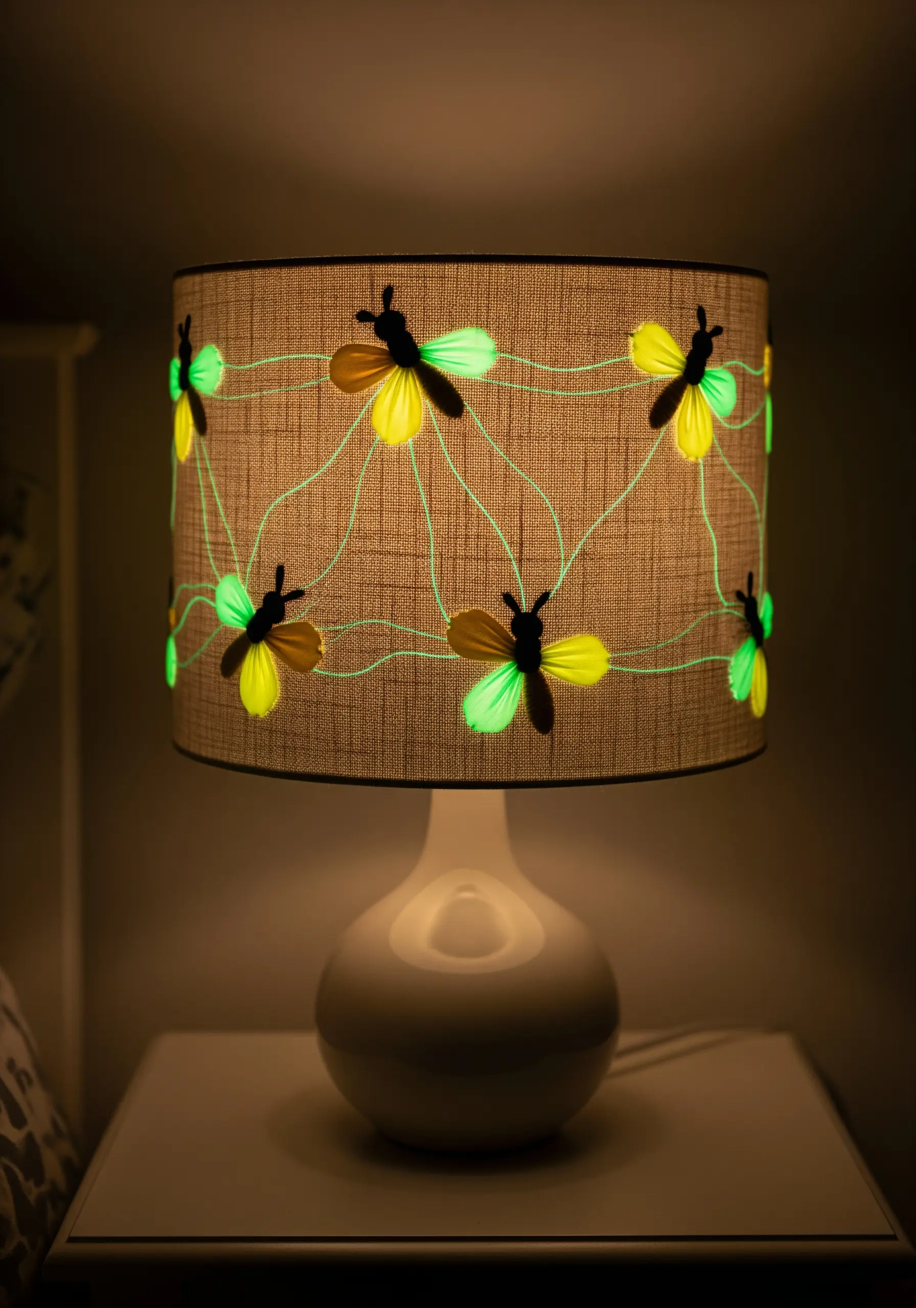 A lampshade embroidered with fireflies whose bodies and trails glow in the dark.