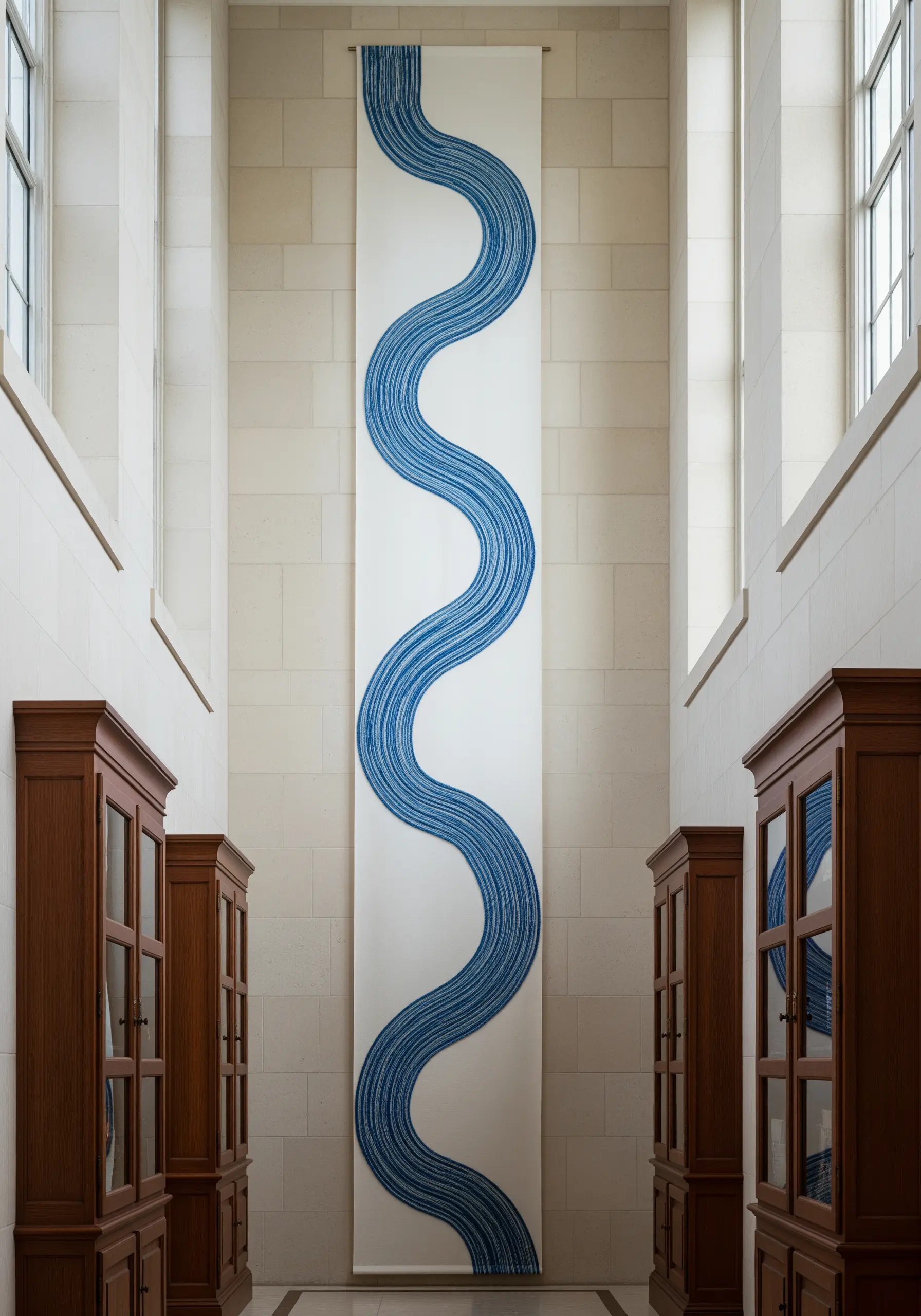 A very large, tall wall banner with a winding blue river design made of dense stitches.