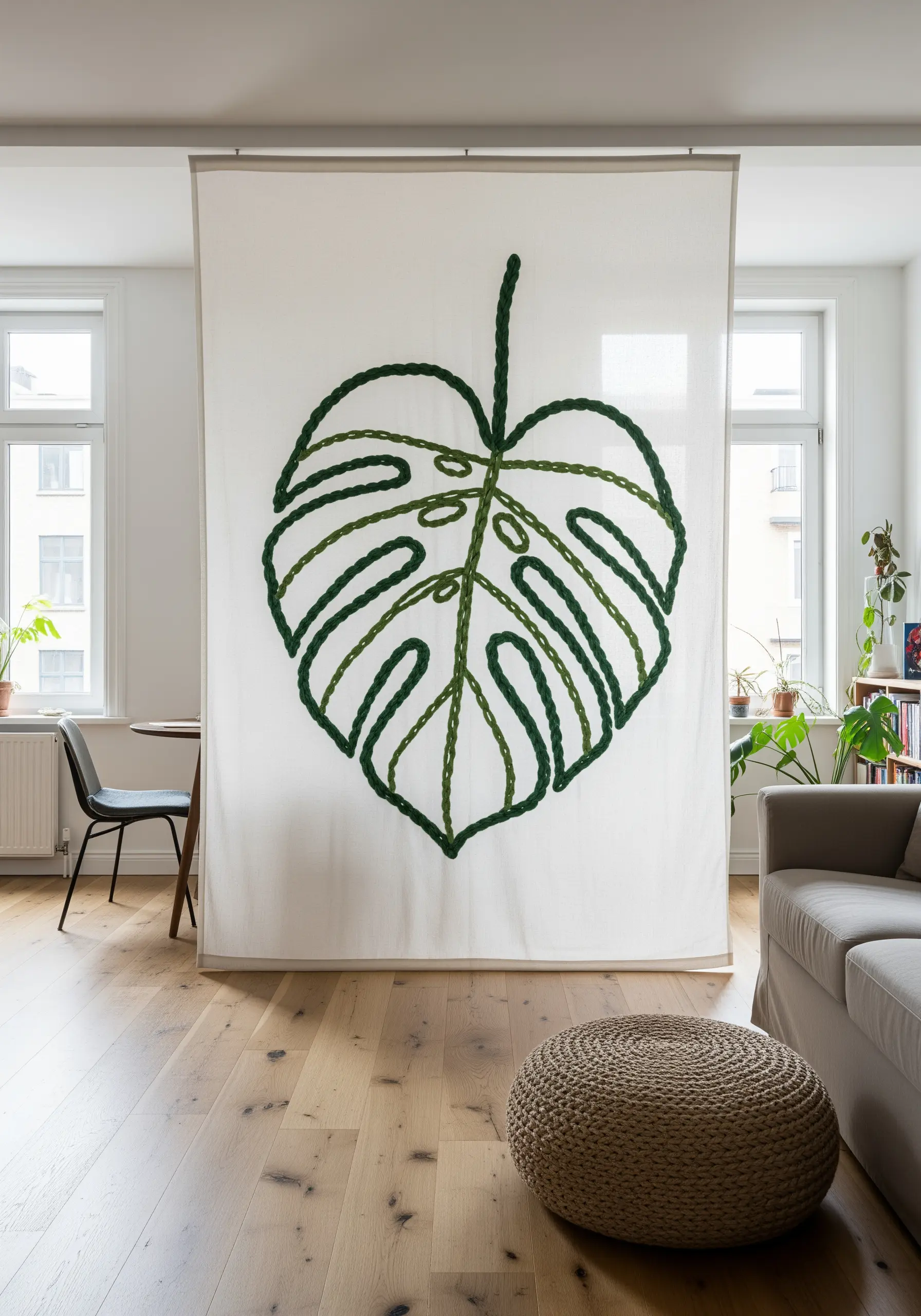 A large, sheer fabric panel with a giant monstera leaf embroidered in green yarn.