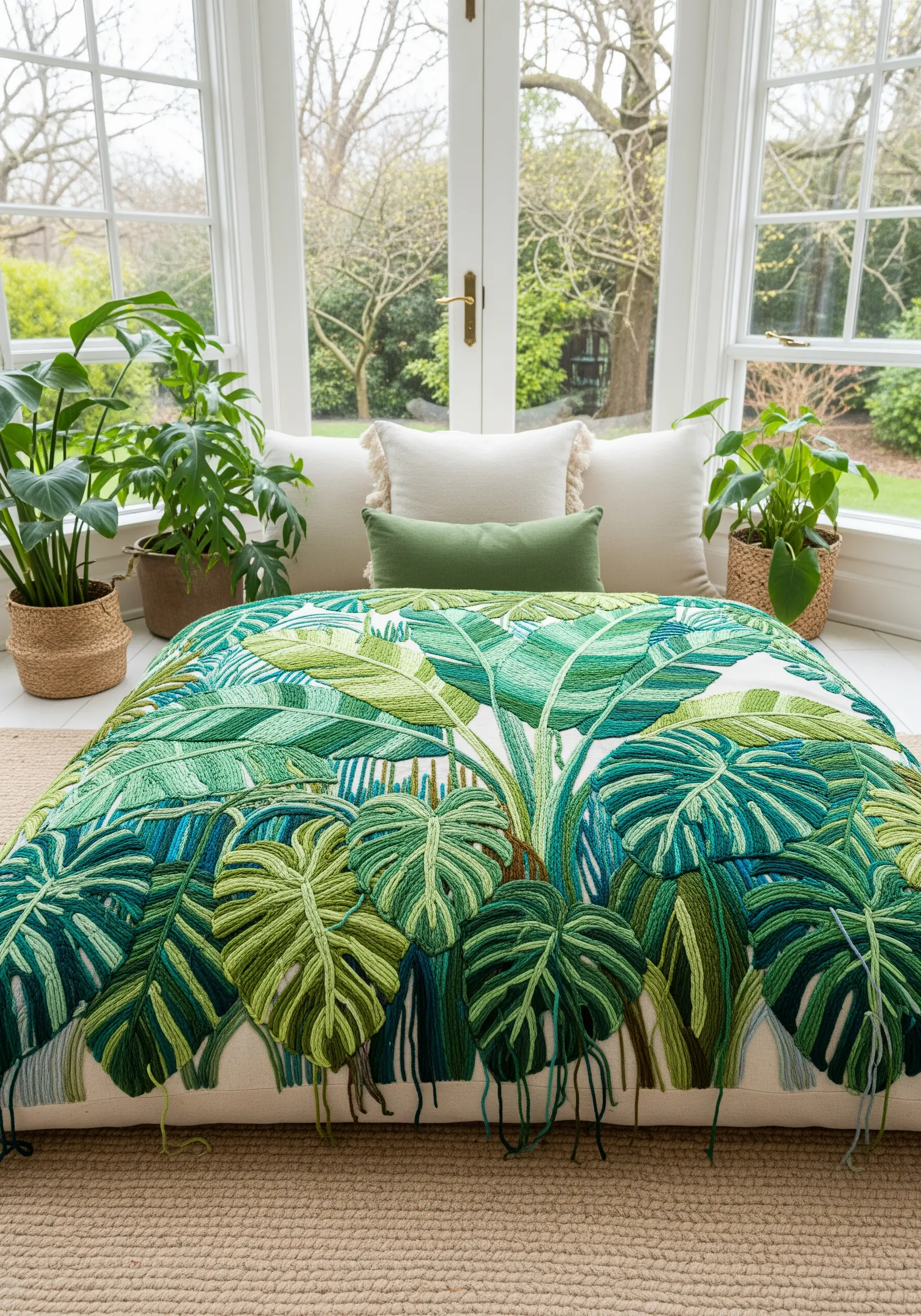 A large-scale, high-texture embroidery of tropical leaves using chunky yarn and loop stitches.