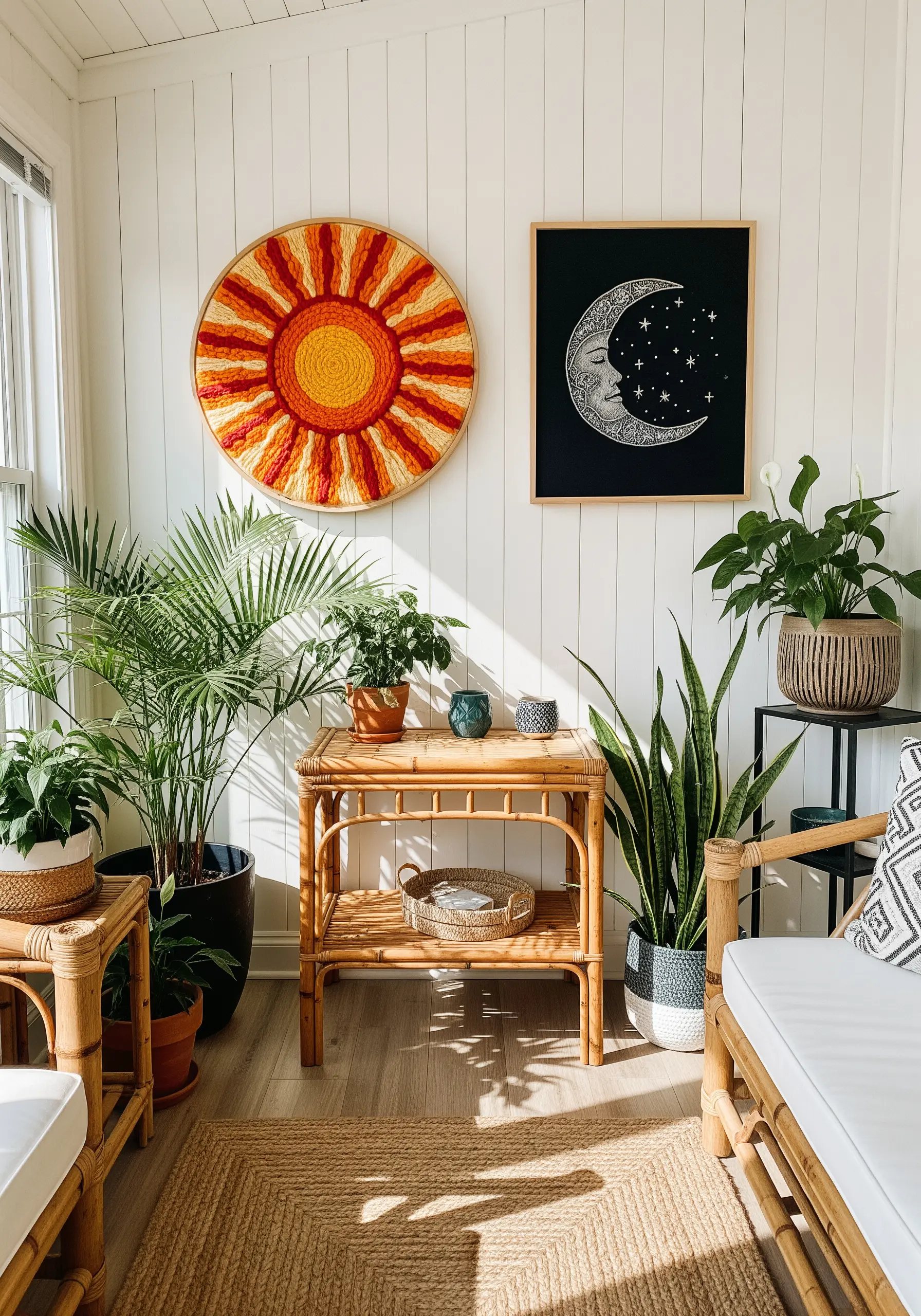 Large circular yarn-wrapped sun embroidery and a framed moon on a sunroom wall.