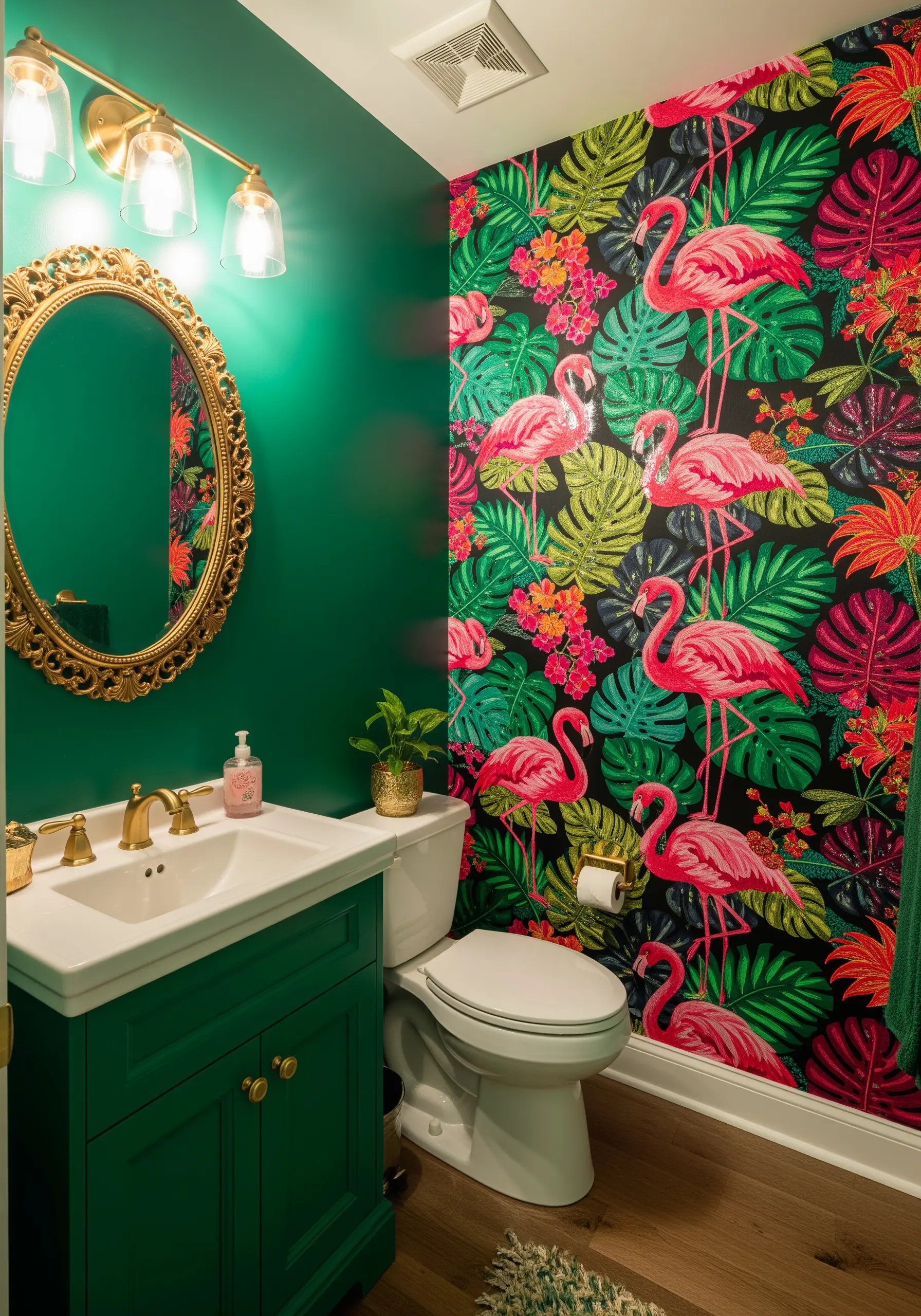 A bathroom wall completely covered in a bold, tropical-themed embroidery with pink flamingos