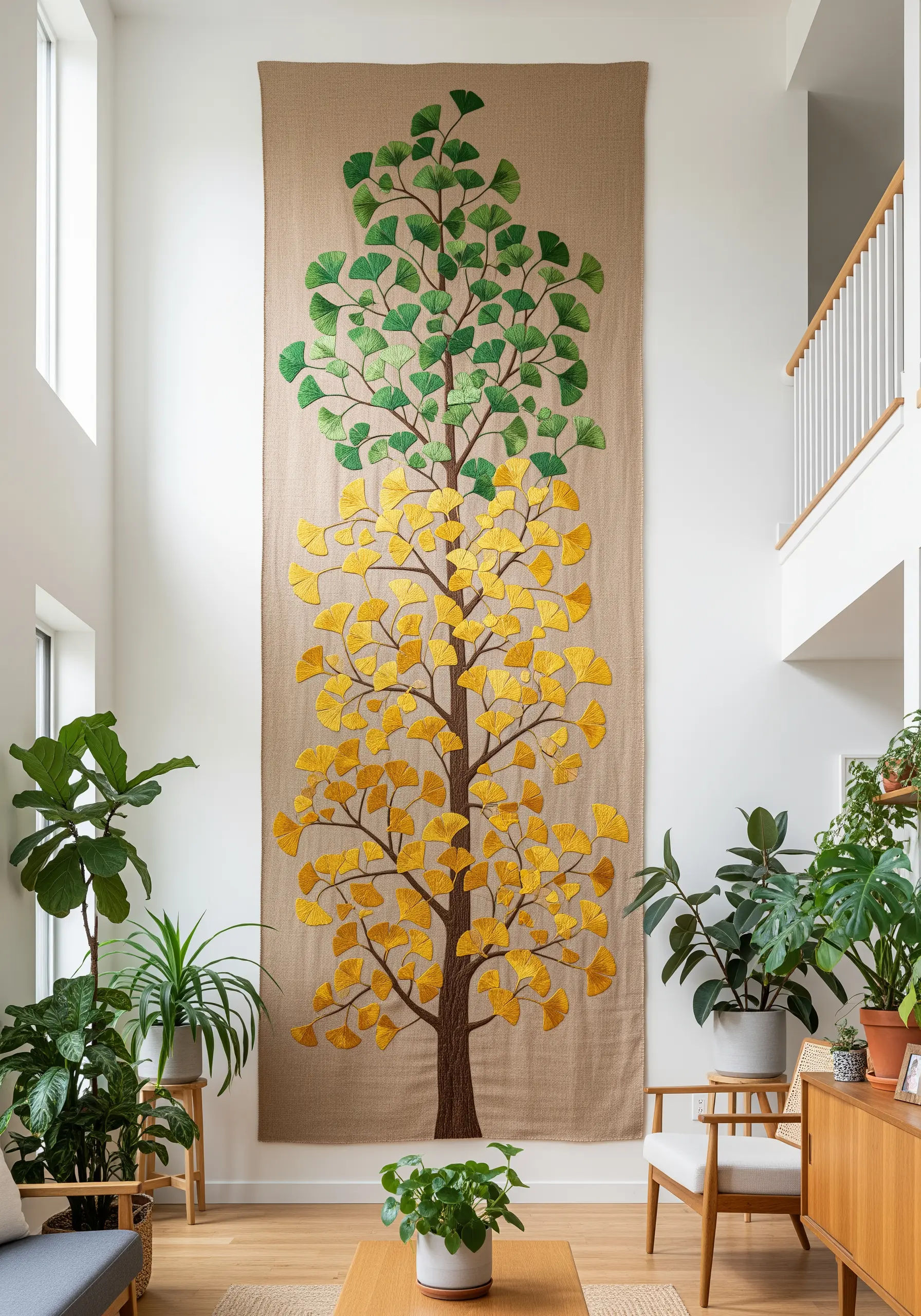 A floor-to-ceiling embroidered wall hanging of a ginkgo tree with green and yellow leaves.