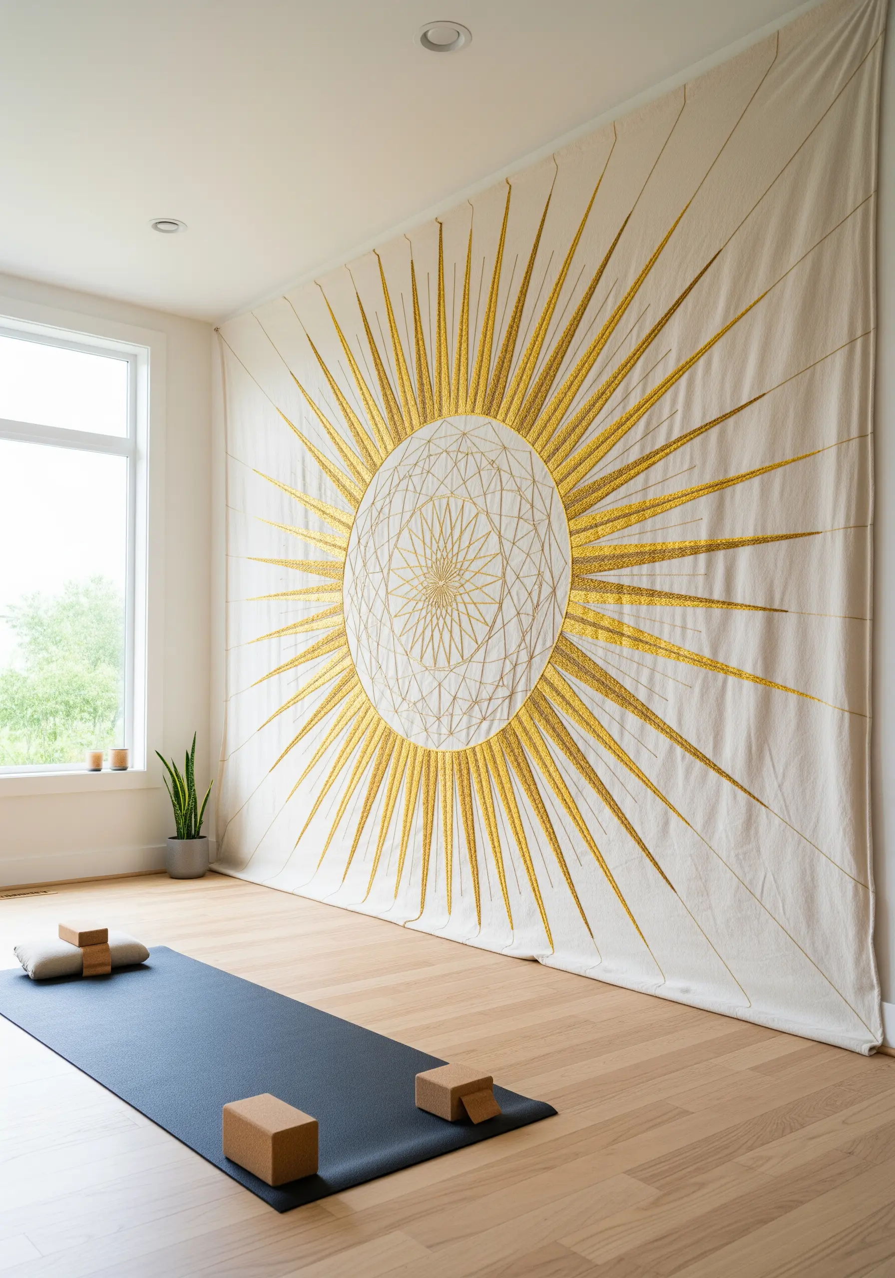 A massive wall tapestry featuring a gold metallic thread sunburst mandala in a yoga studio.