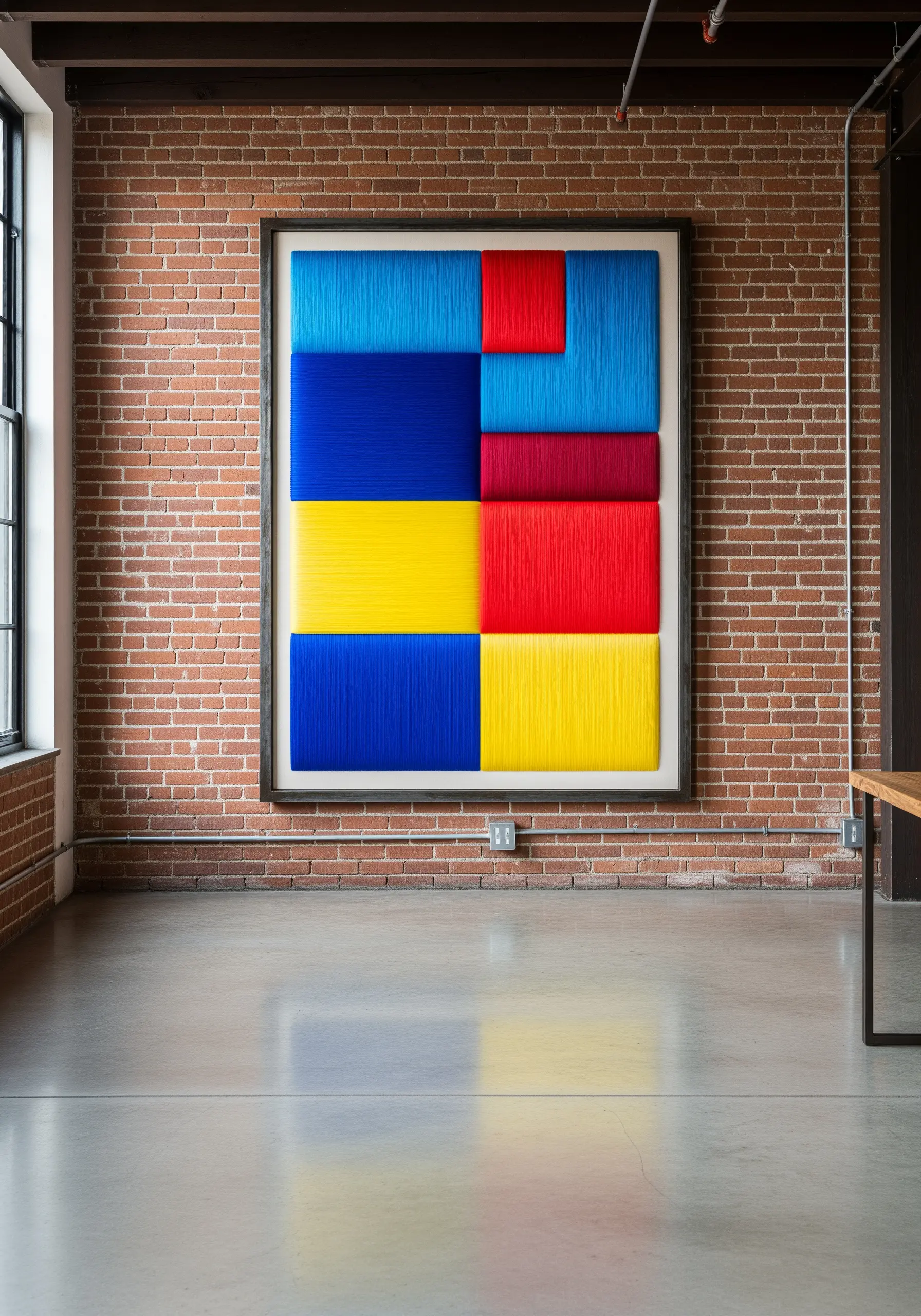 A large framed piece with bold color blocks made from wrapped yarn.