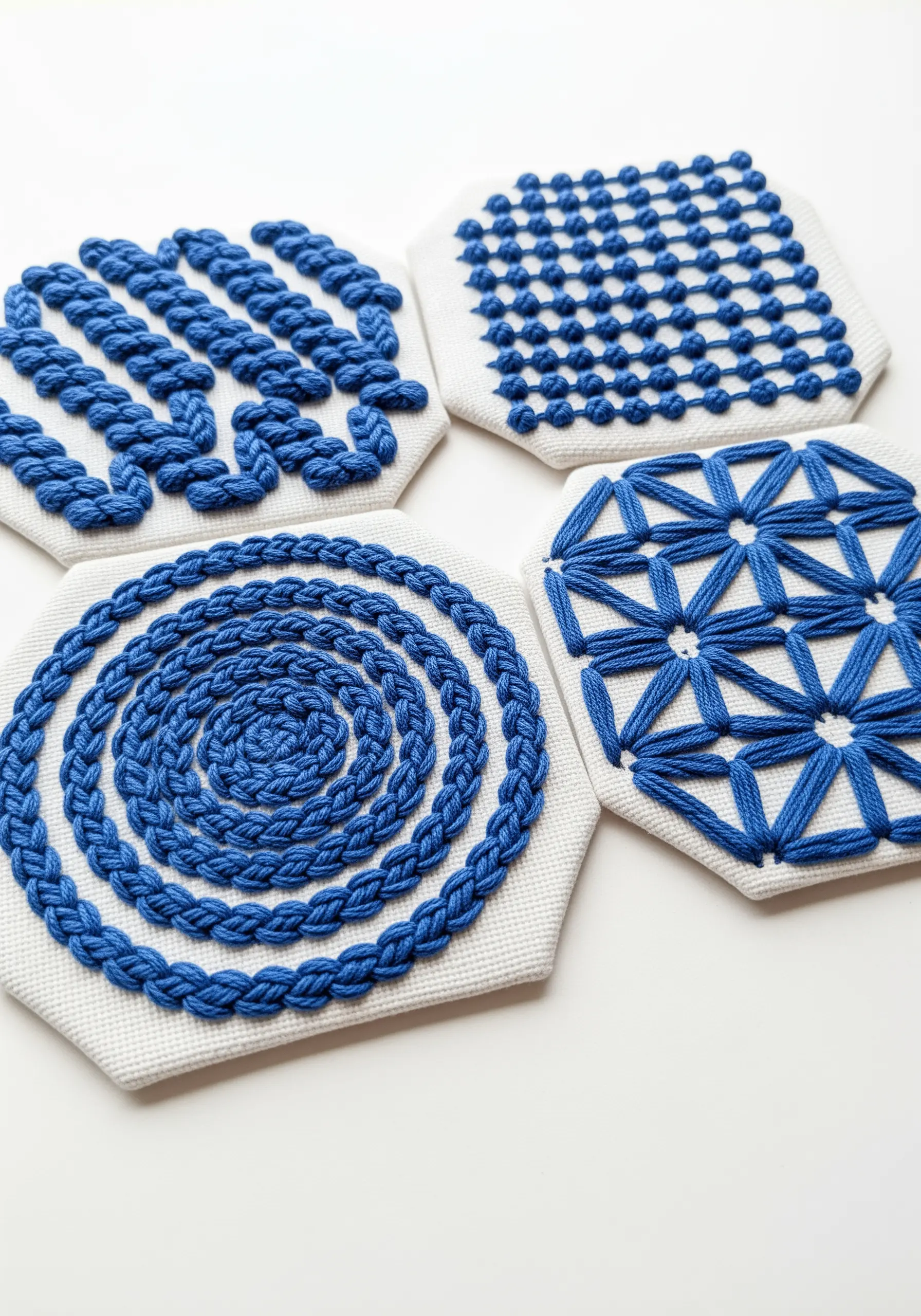 Four hexagonal coasters, each embroidered with a different bold geometric pattern in blue yarn.