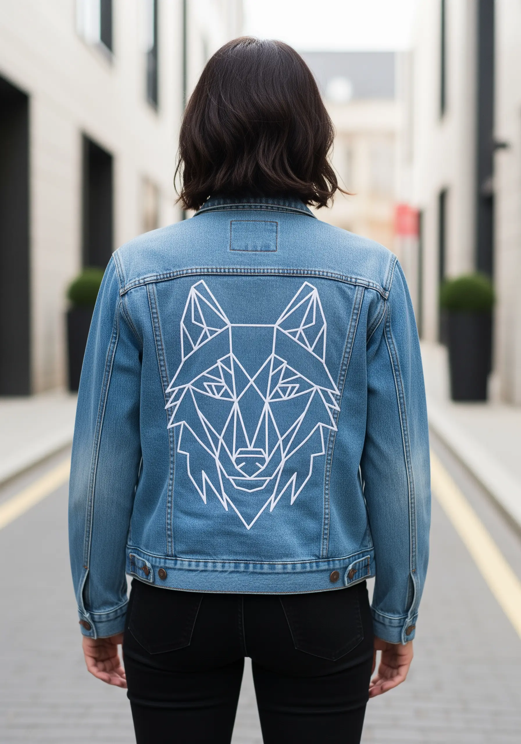 A large geometric wolf head embroidered in white thread on the back of a denim jacket.