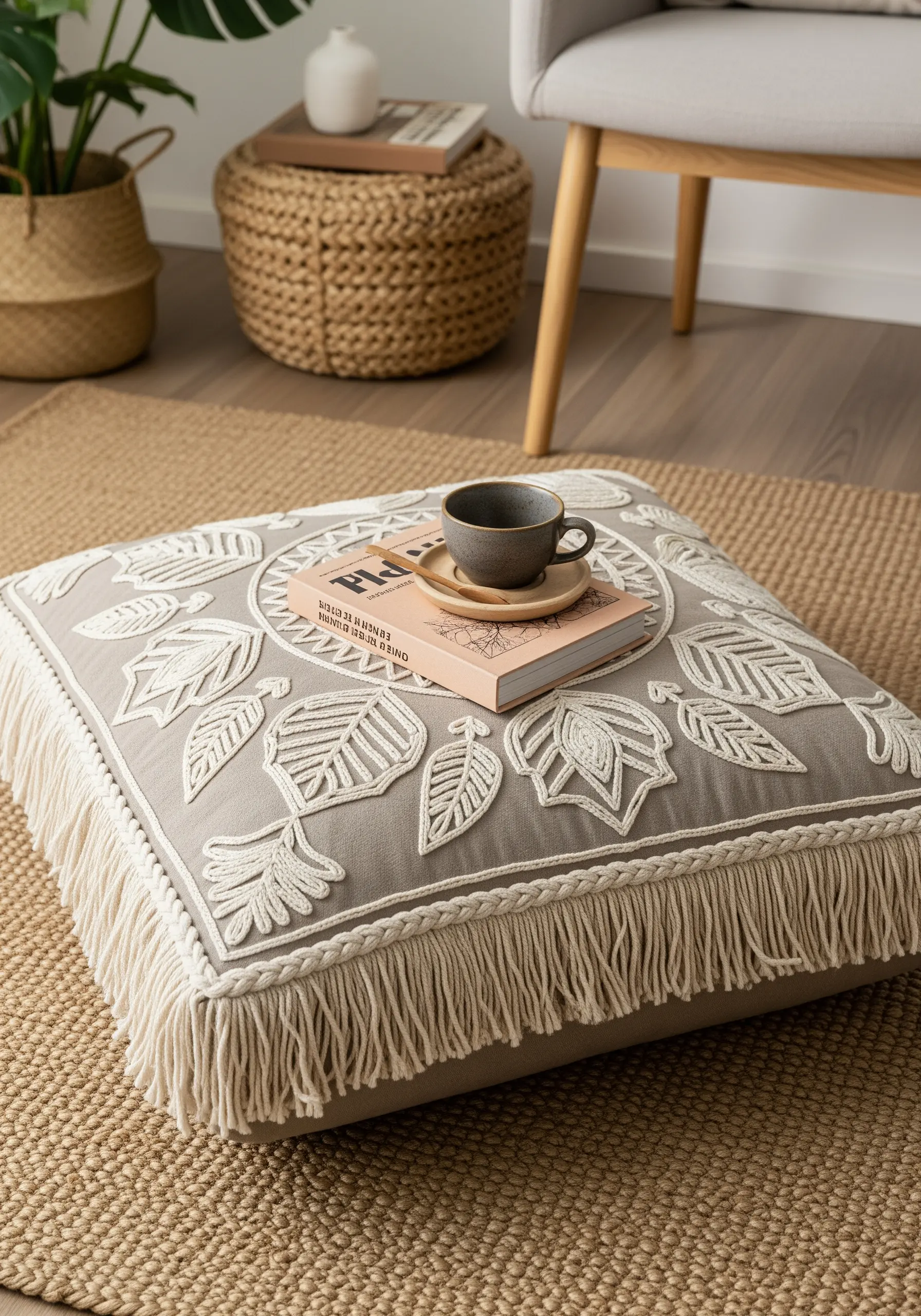 A large grey floor cushion with high-texture white floral embroidery and a macrame fringe.