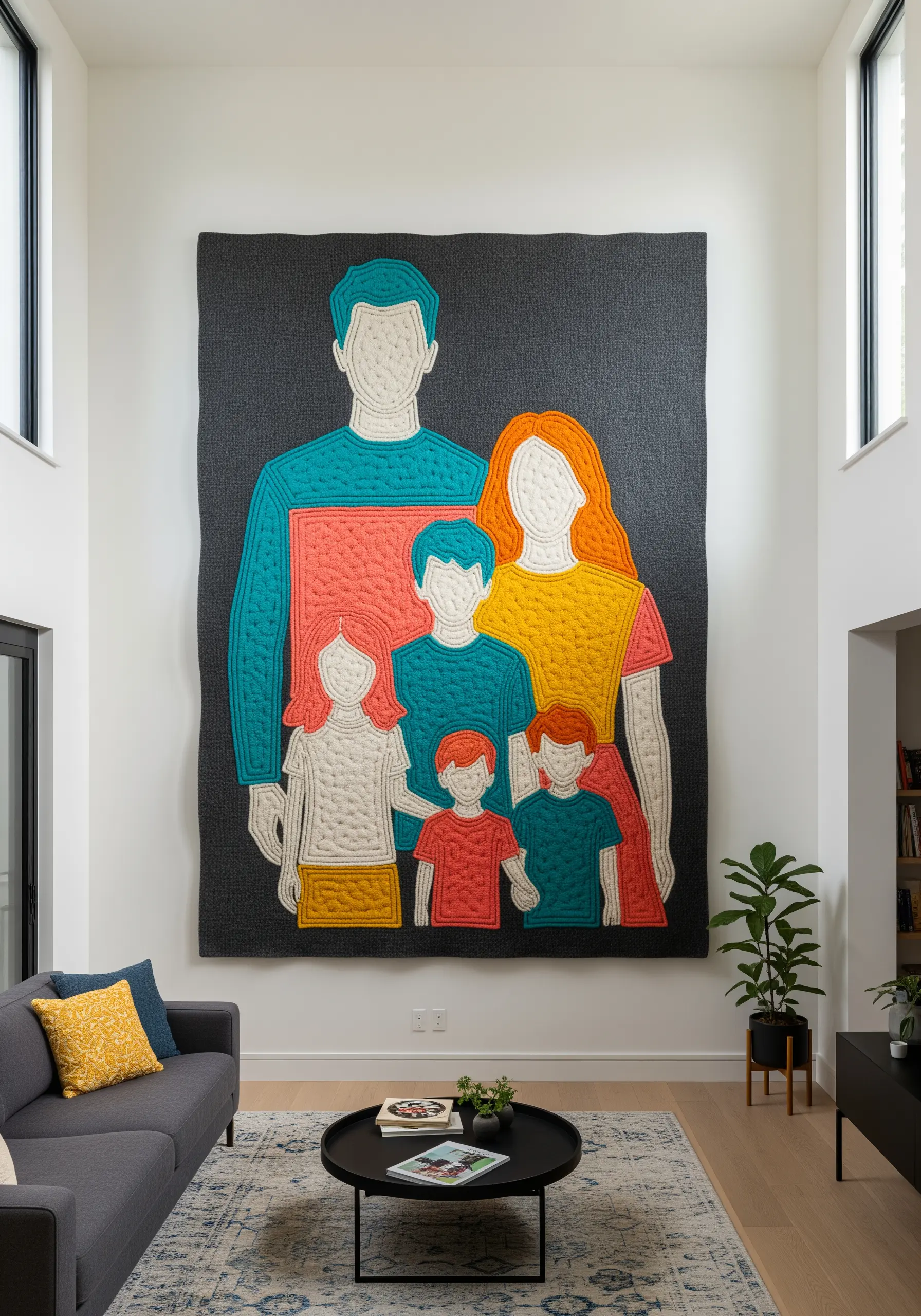 A large-scale family portrait made with thick, colorful yarn on a dark grey fabric background.