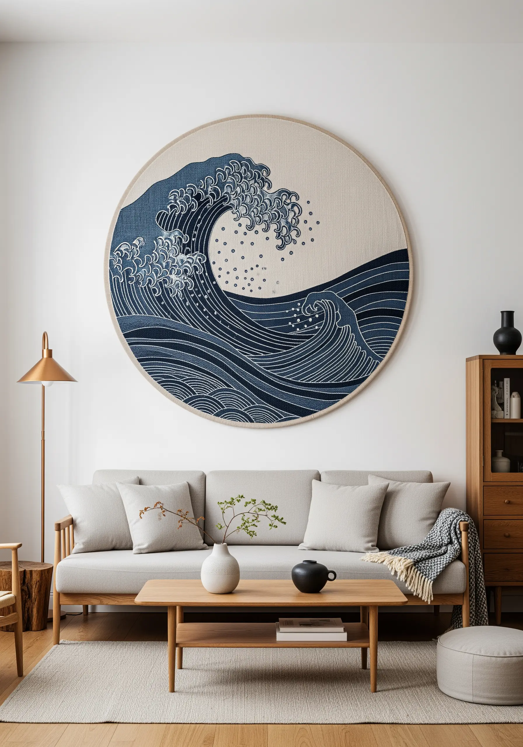 Large, round embroidered wall art of a stylized ocean wave in shades of blue.
