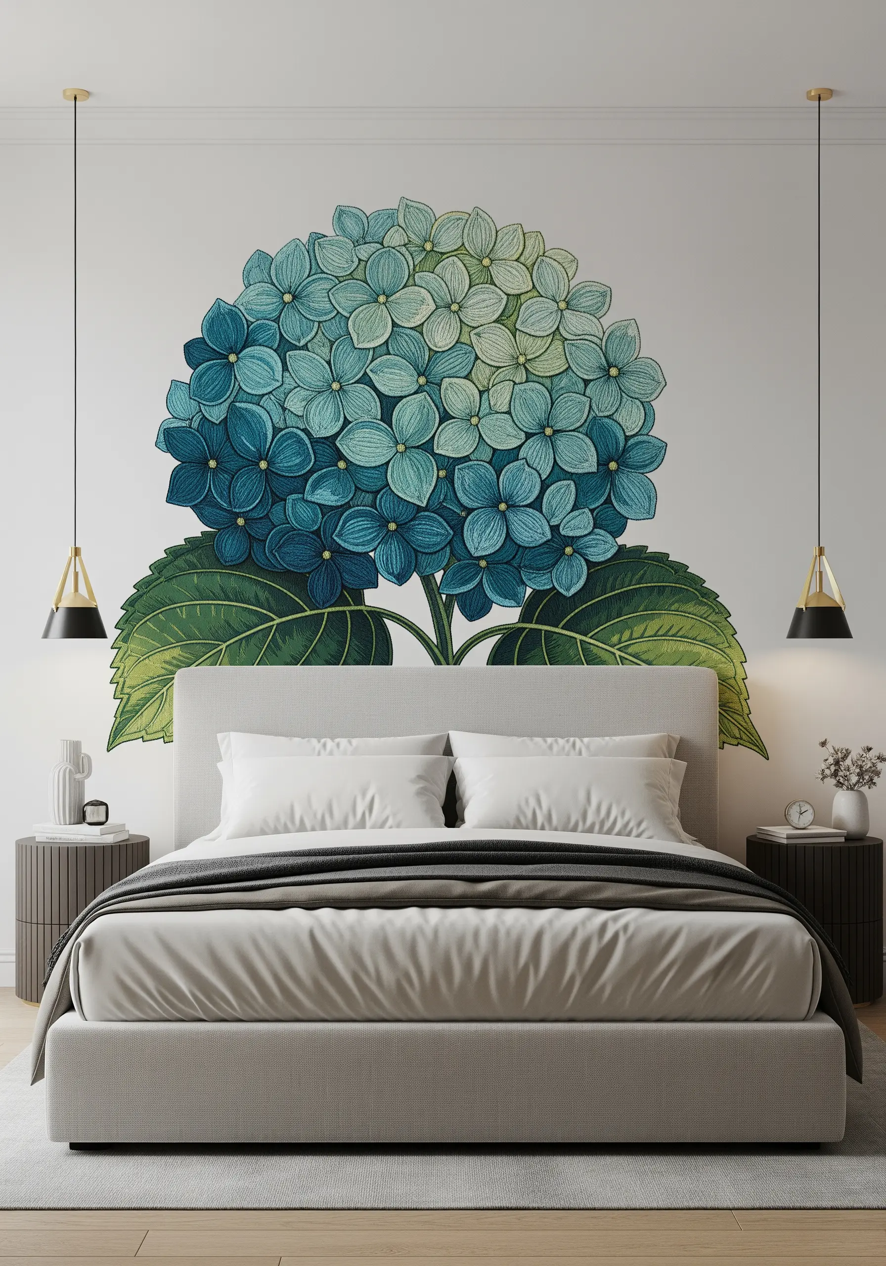 Large, graphic-style hydrangea wall decal with bold outlines and color blocking.
