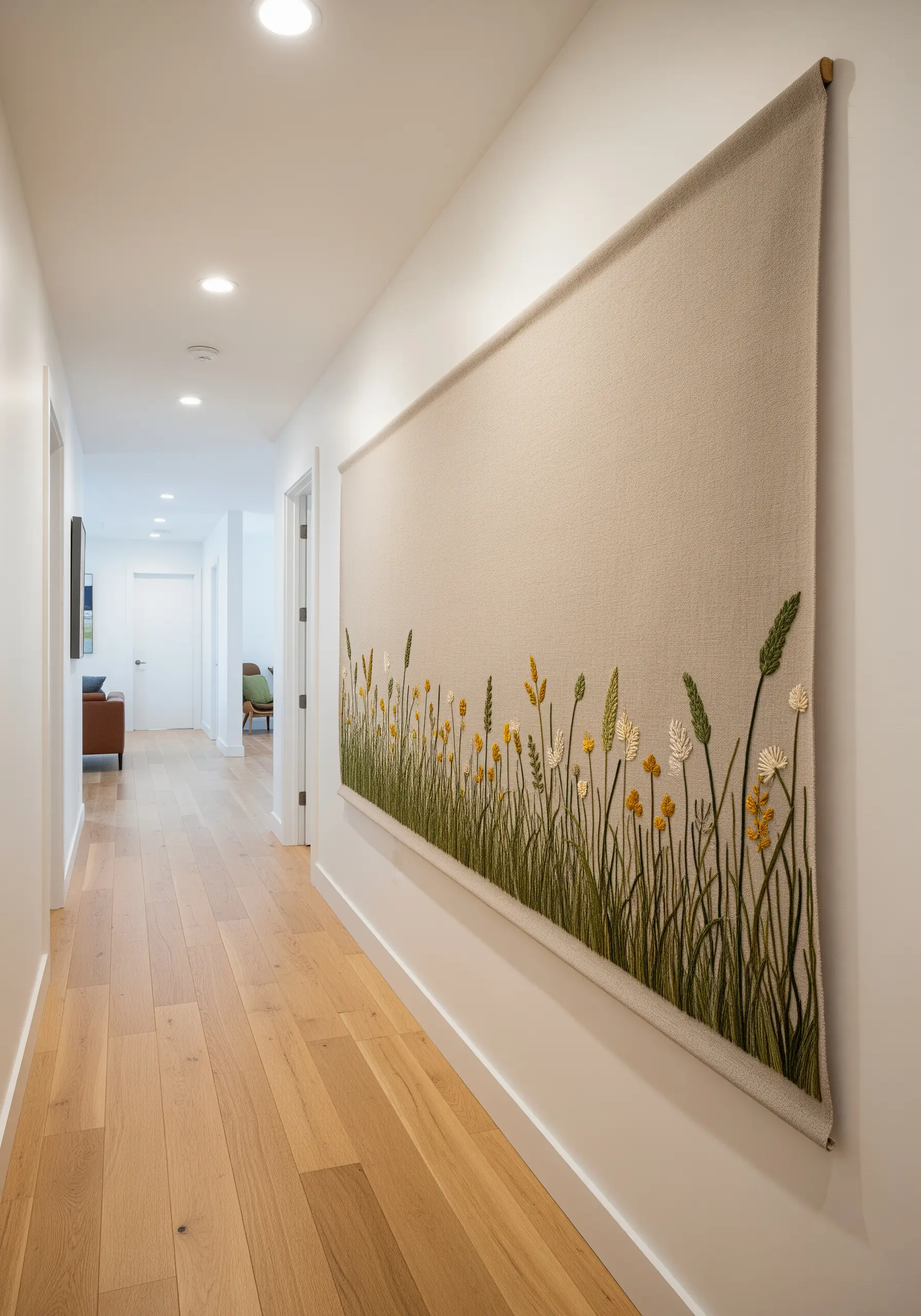 A large, long textile wall hanging with a border of embroidered wildflowers and grasses.