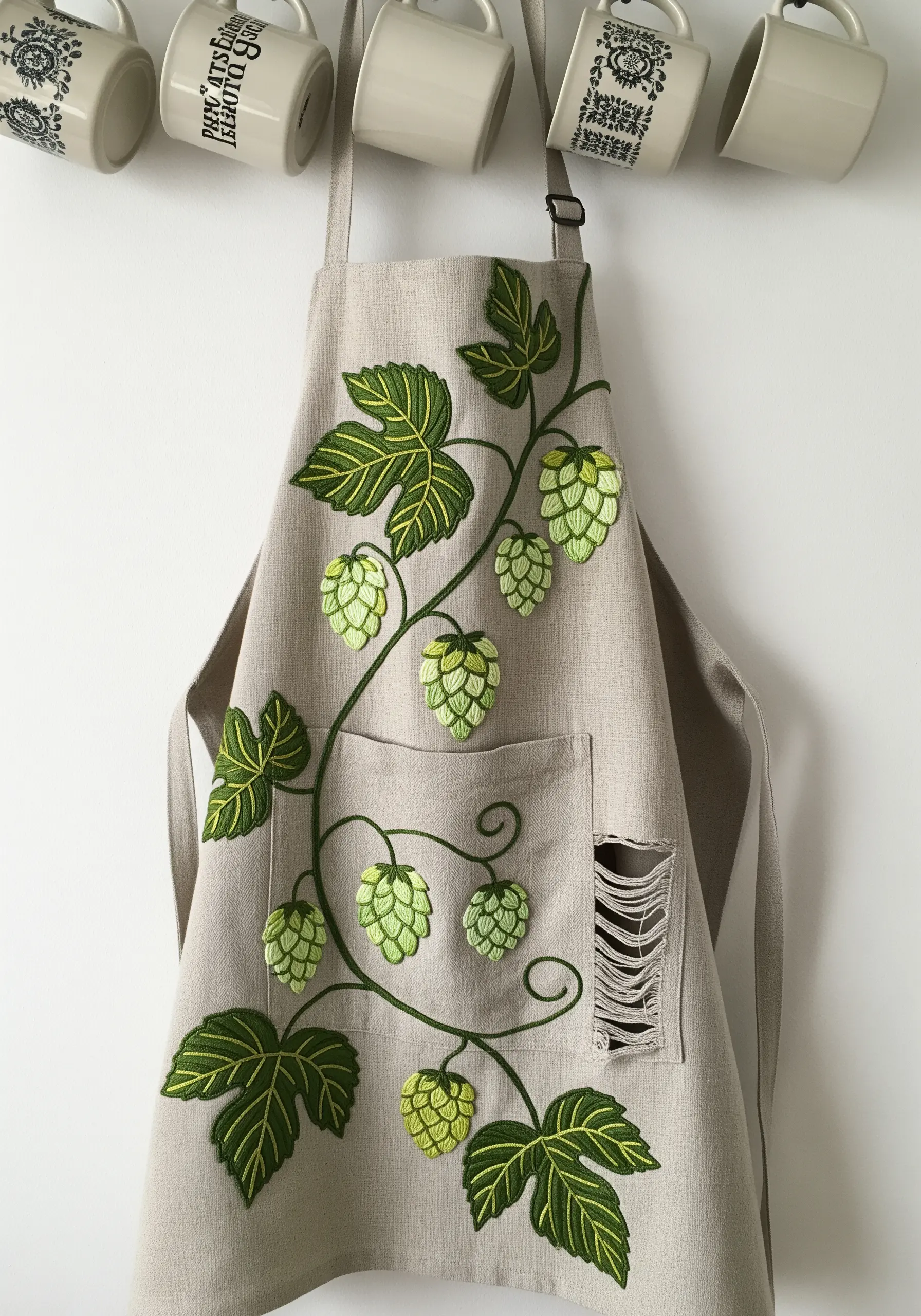 A large, sprawling embroidery of a hop vine covering the front of a linen apron.