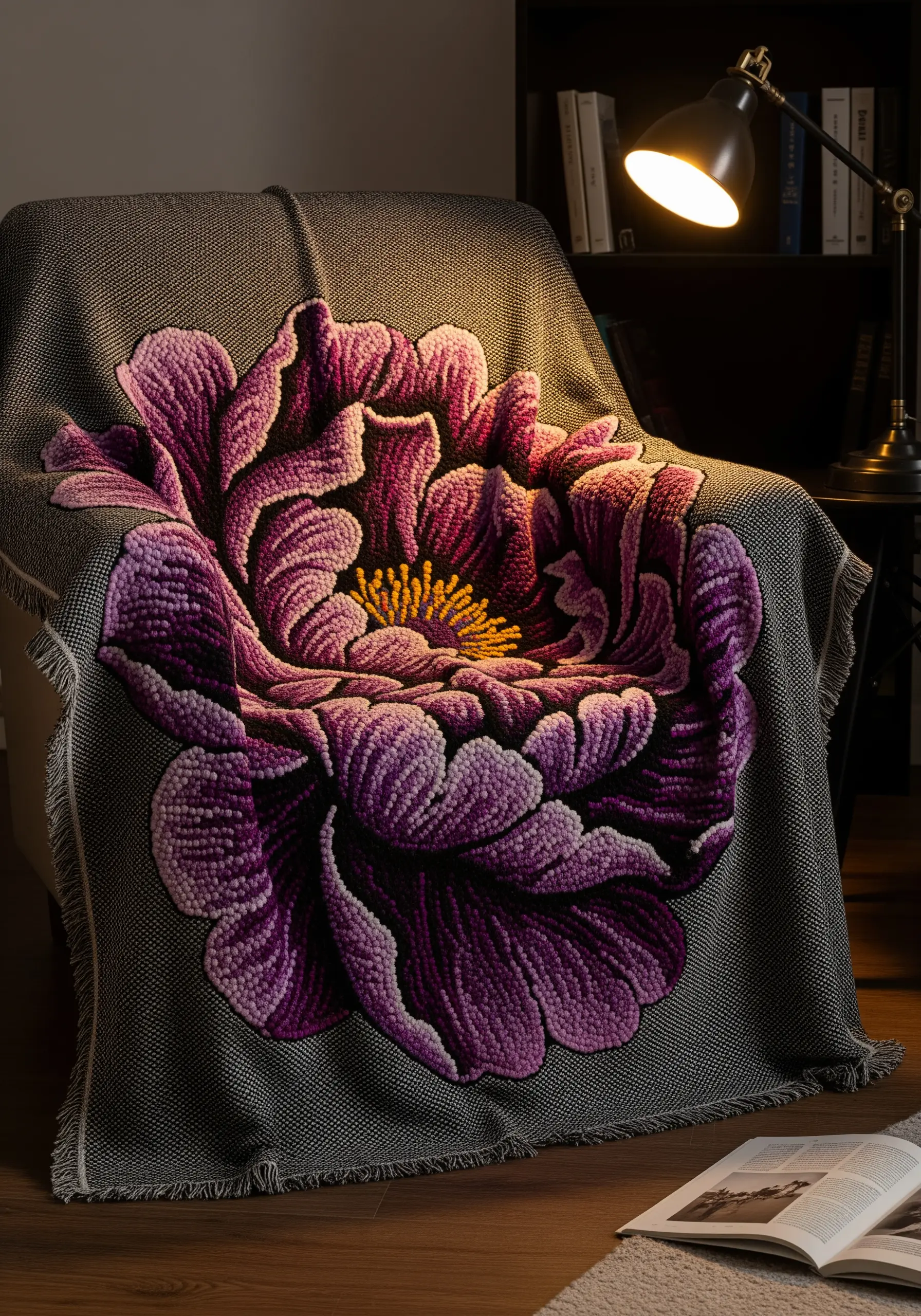 An oversized purple peony, created with thick yarn, on a woven throw blanket.