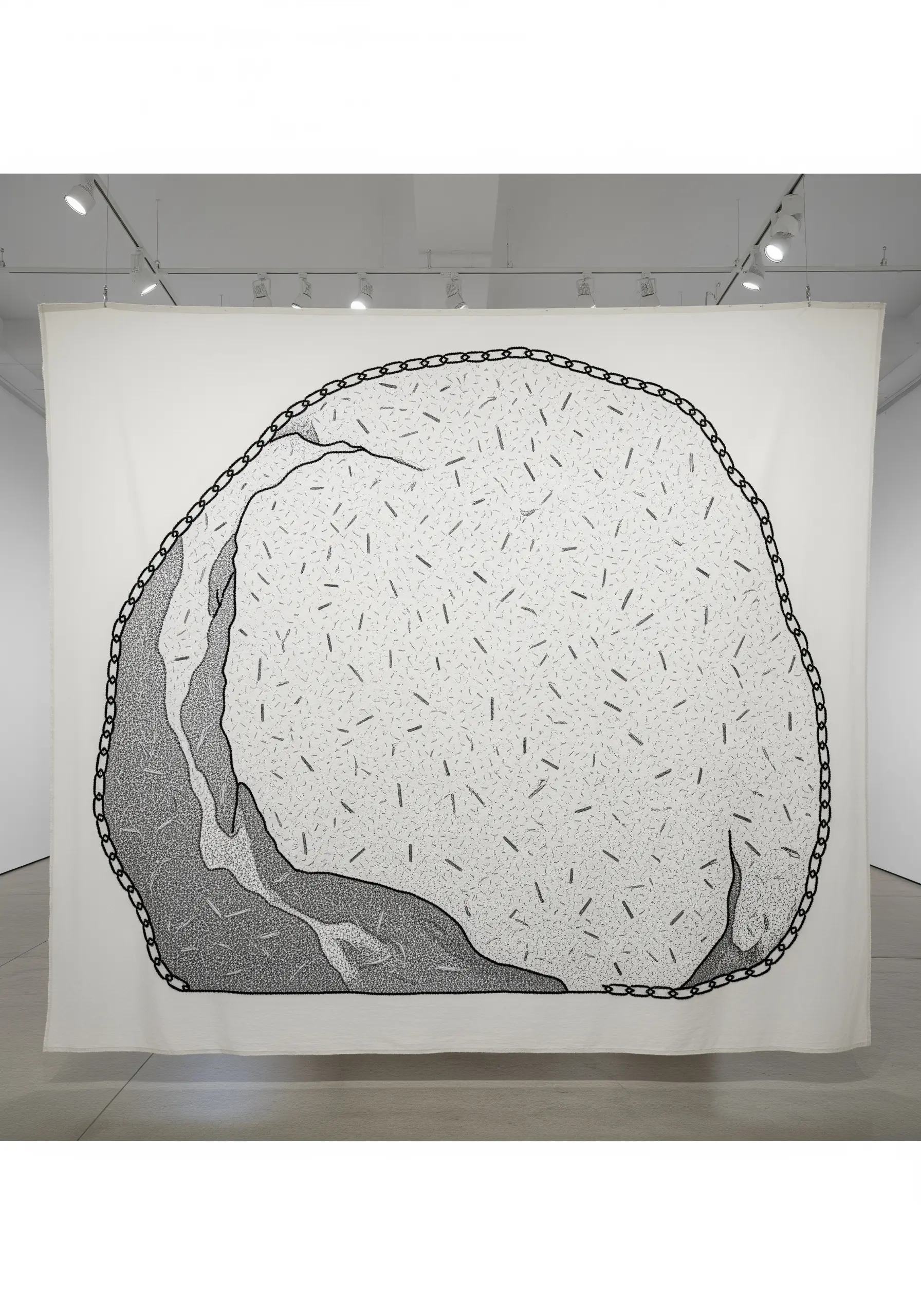 A very large fabric hanging with a minimalist line art embroidery of a large rock.