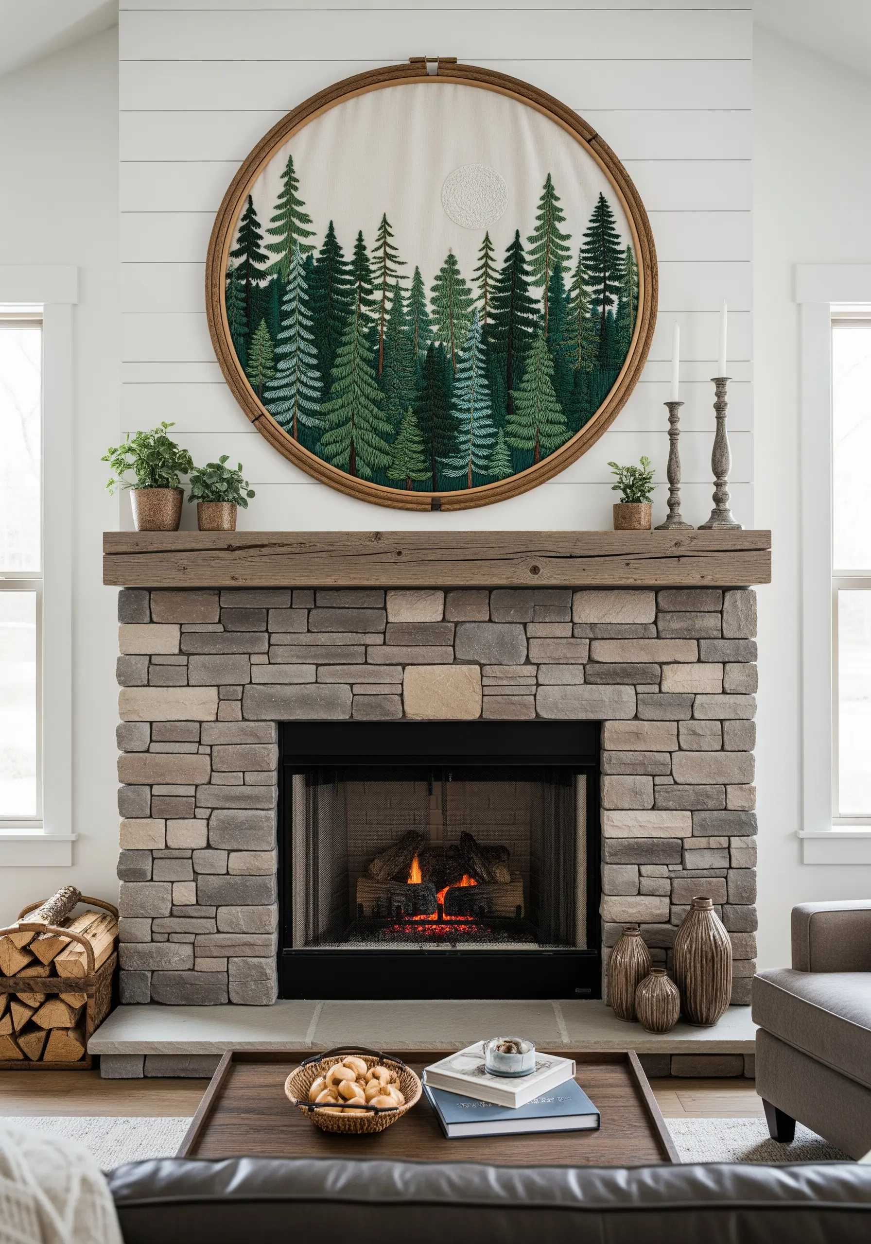 An oversized embroidery hoop with a dense forest scene hanging above a fireplace.