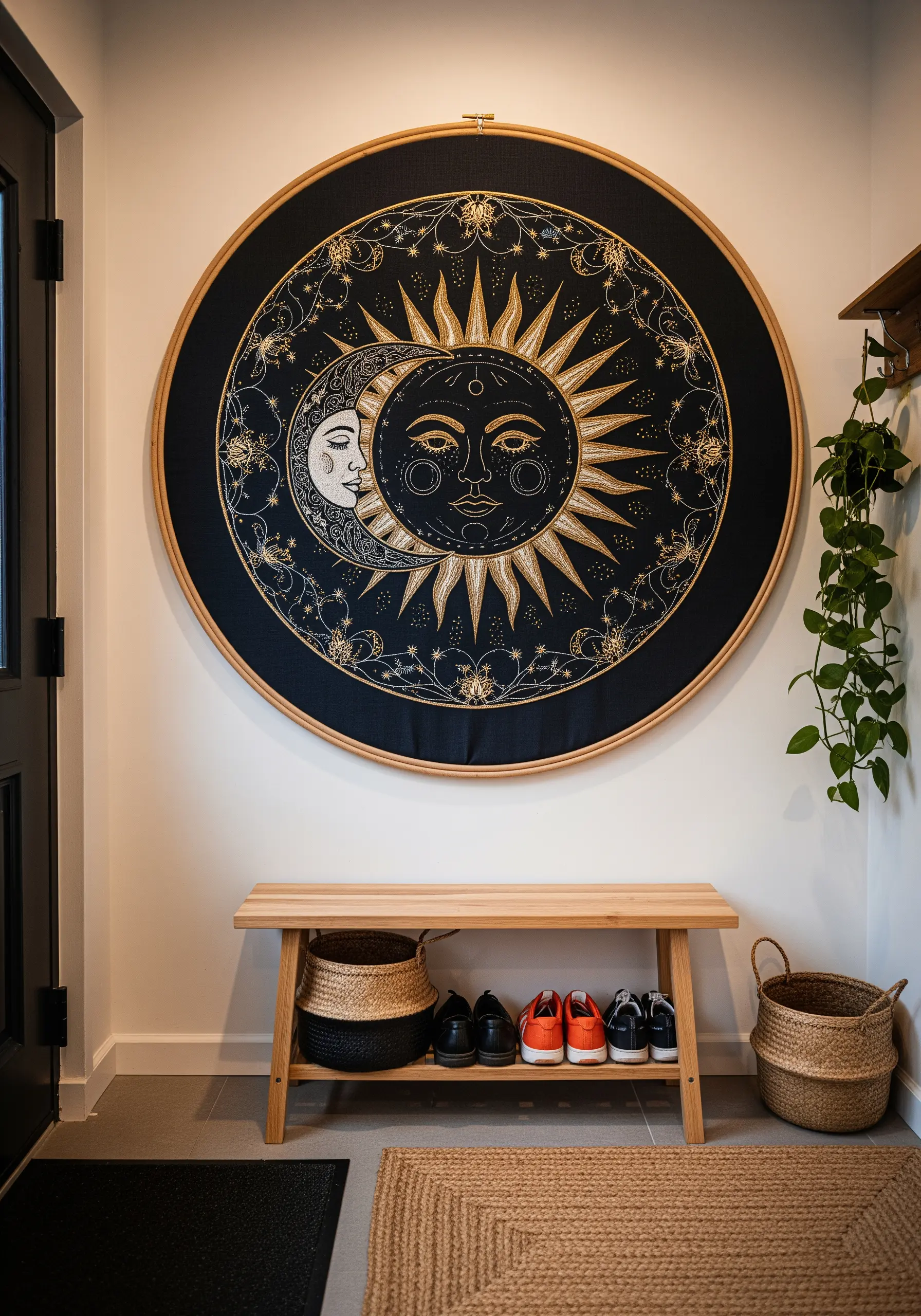 A very large embroidery hoop with a celestial sun and moon design hanging in an entryway.