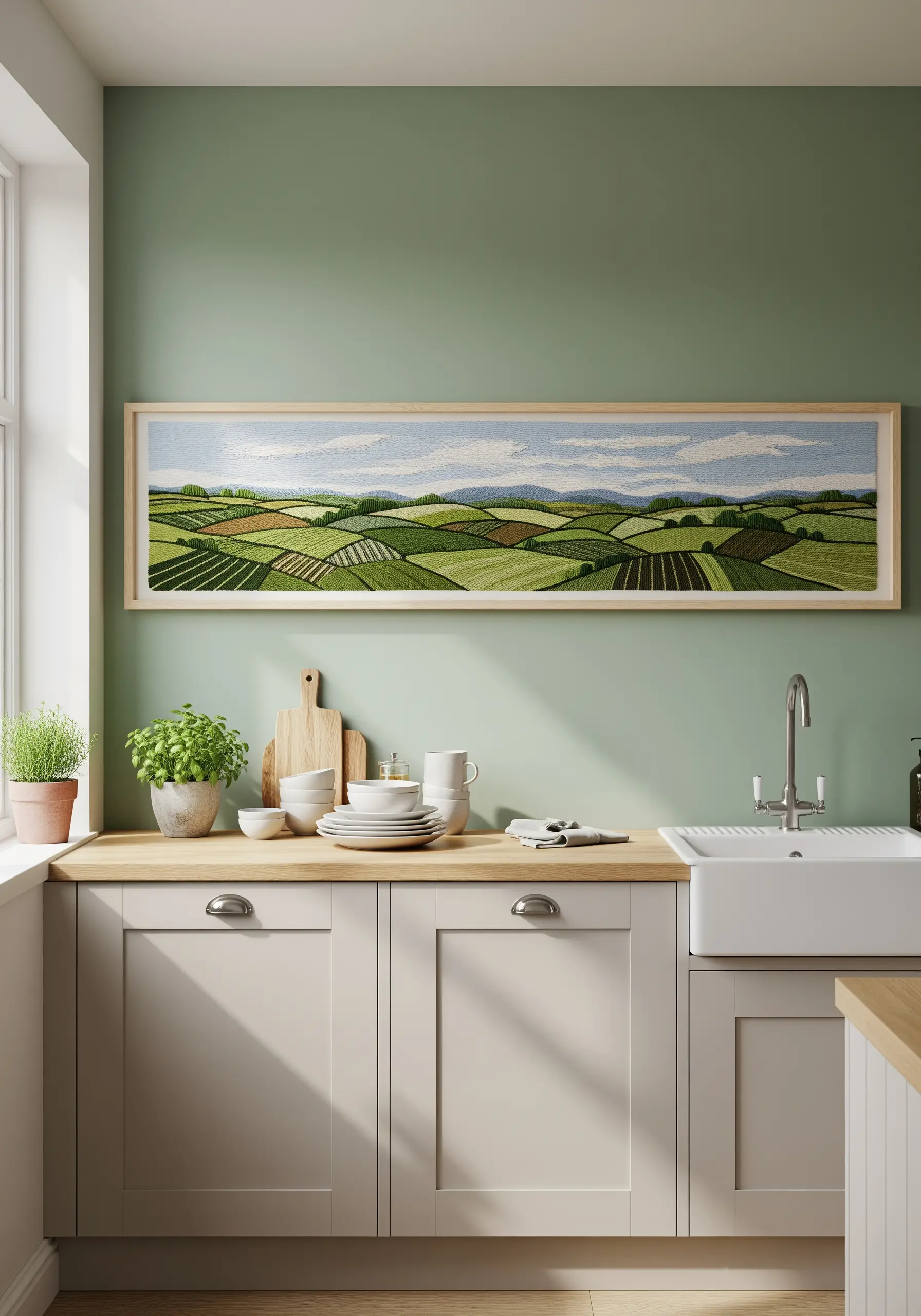 A long, panoramic framed embroidery of rolling green hills and patchwork fields.