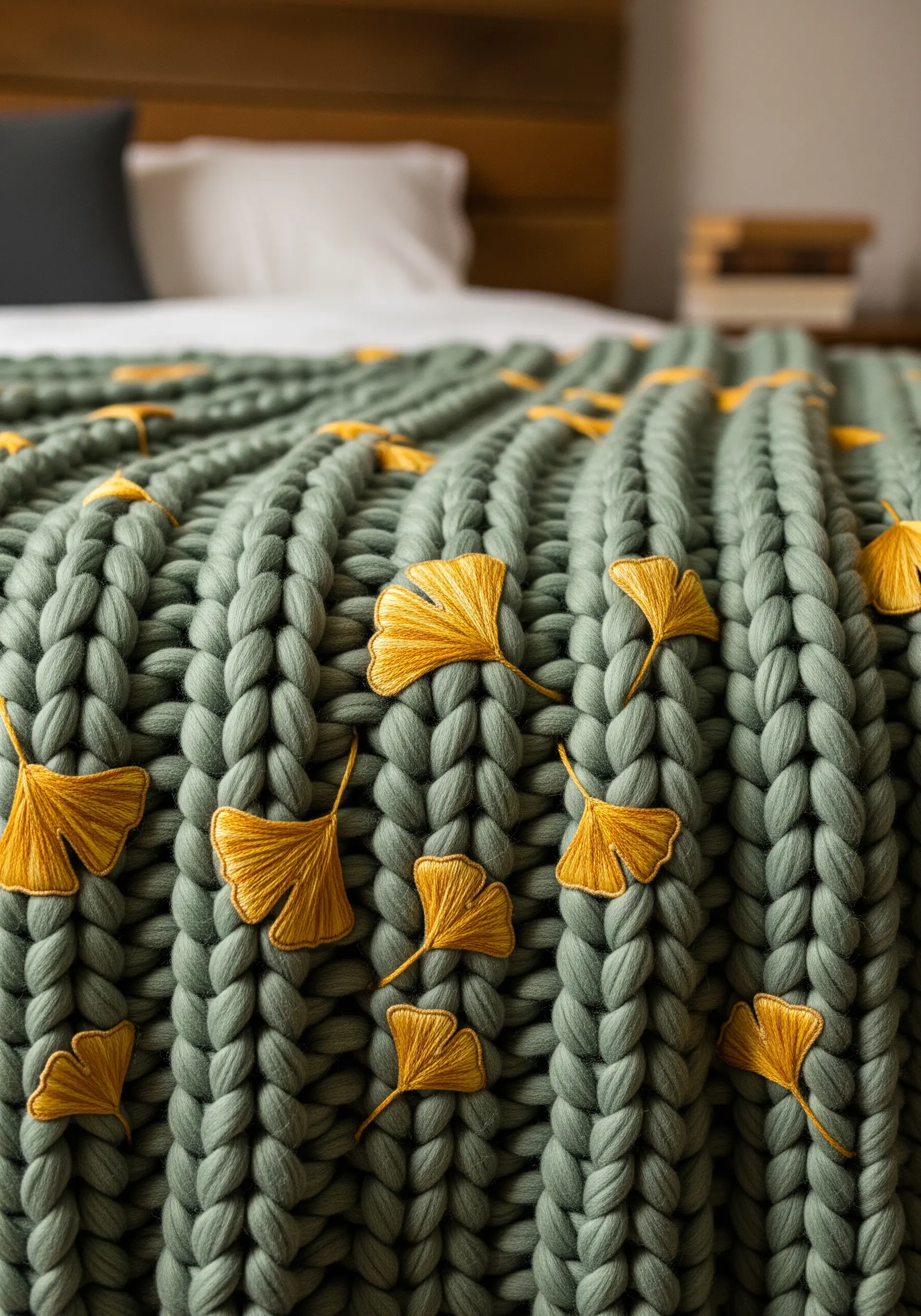 Golden-yellow embroidered ginkgo leaves on a sage green chunky knit blanket.