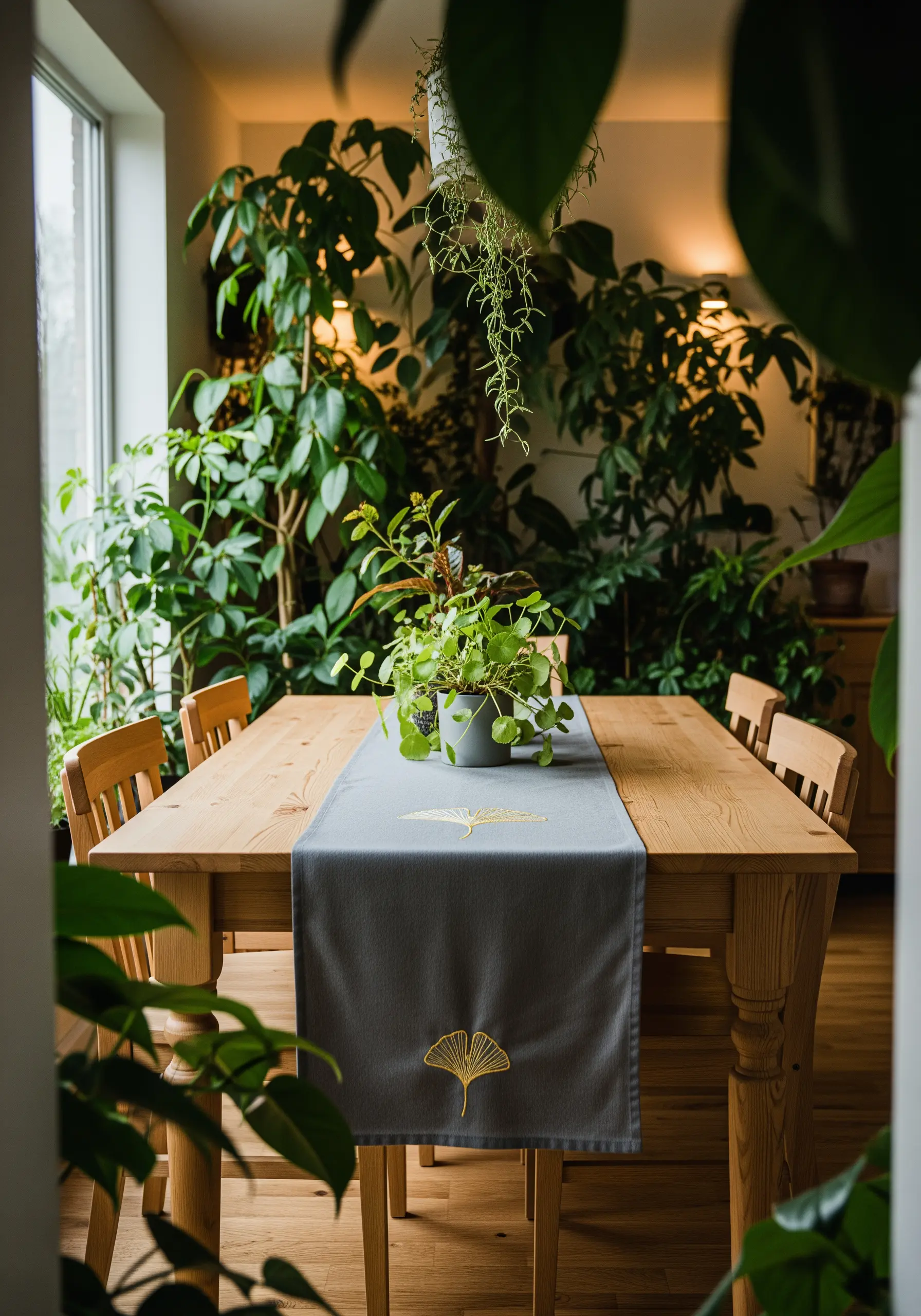 A single ginkgo leaf embroidered in a fine gold line on a dark gray runner