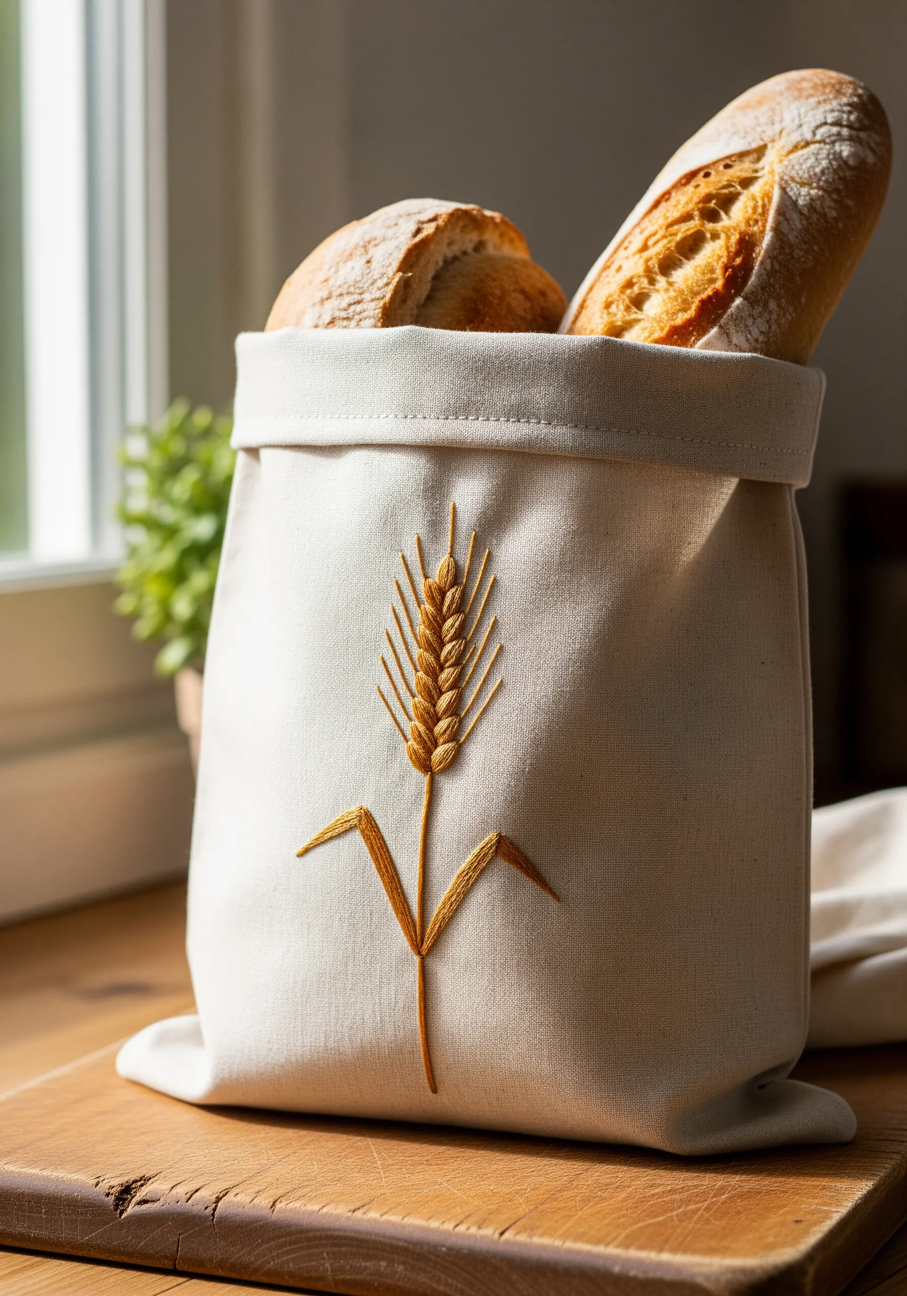 A single stalk of golden wheat embroidered on the front of a linen bread bag.