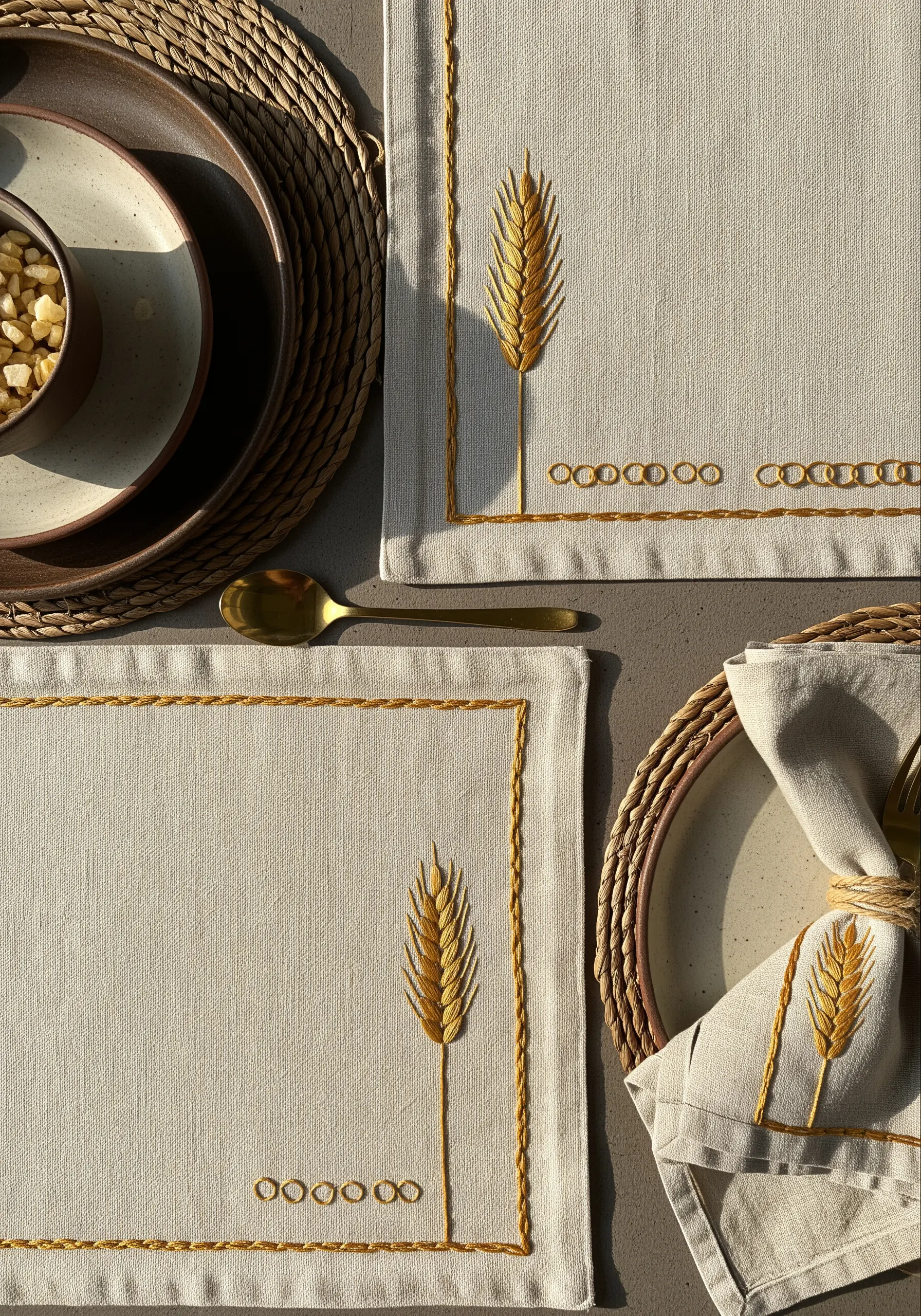 Linen placemats and napkins embroidered with a minimalist golden wheat sheaf motif and simple border.