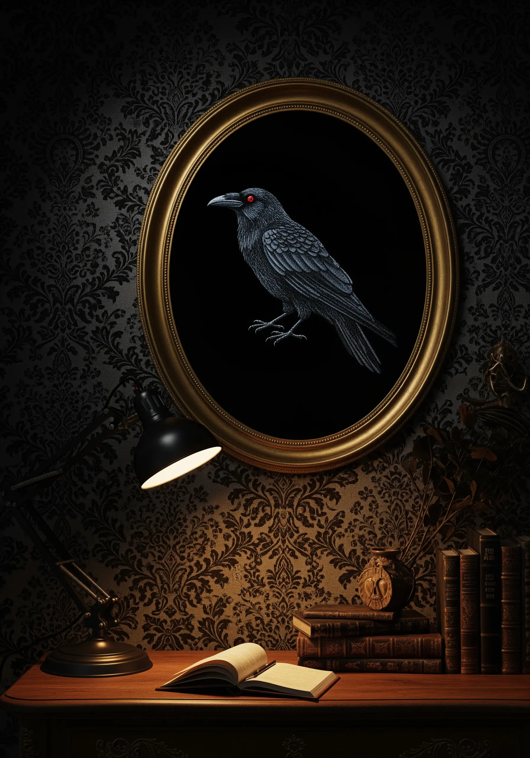 An embroidered portrait of a black raven with a red eye, in an oval gold frame.