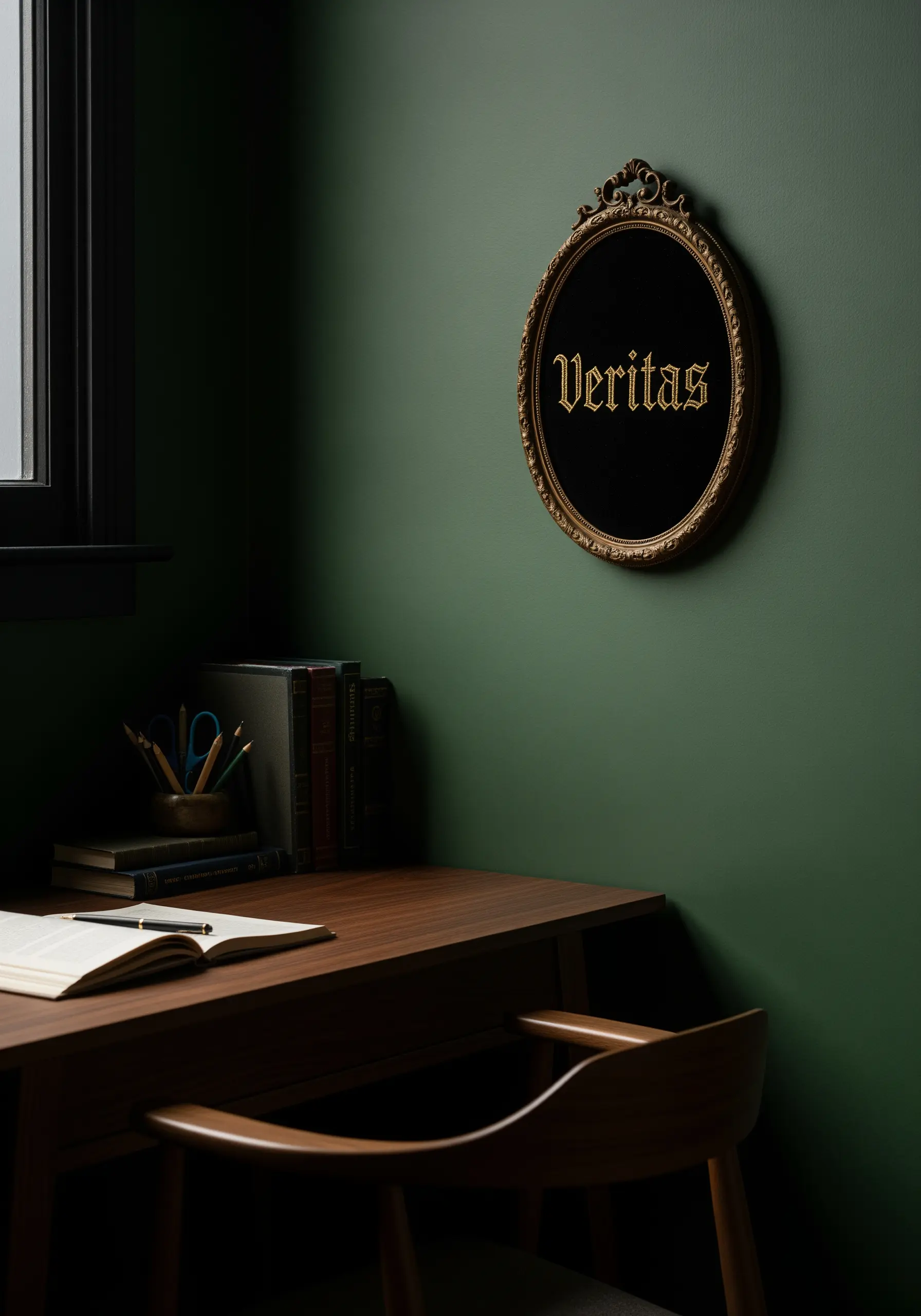 The word 'Veritas' embroidered in a gothic gold font on black fabric within an ornate oval frame.