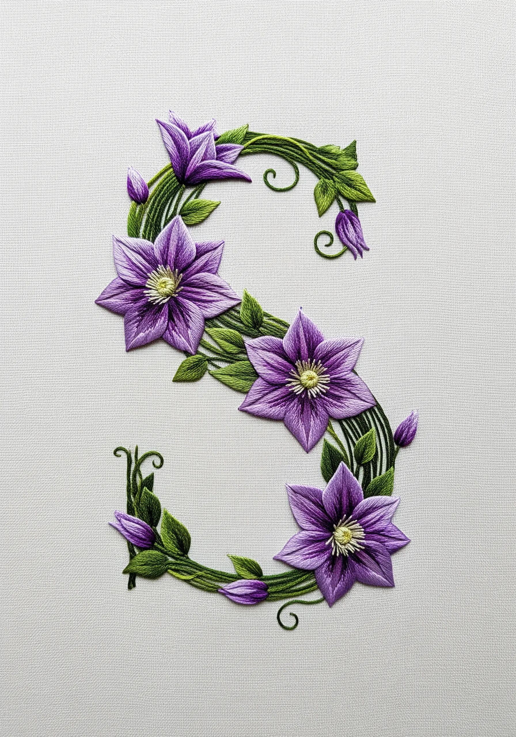 A detailed embroidered letter S formed from purple clematis flowers and green vines.