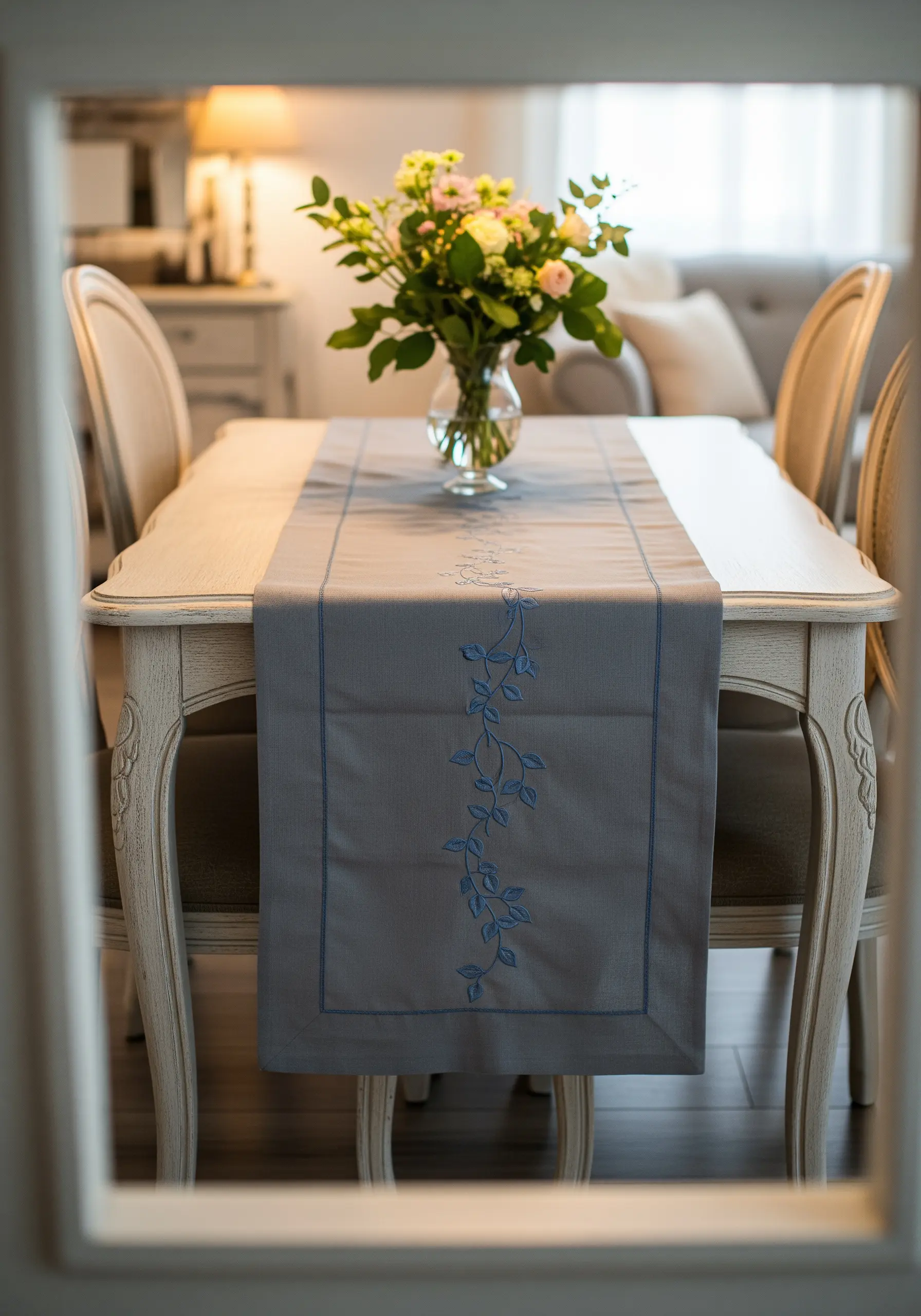 A delicate vine embroidered in variegated blue-gray thread on a gray runner