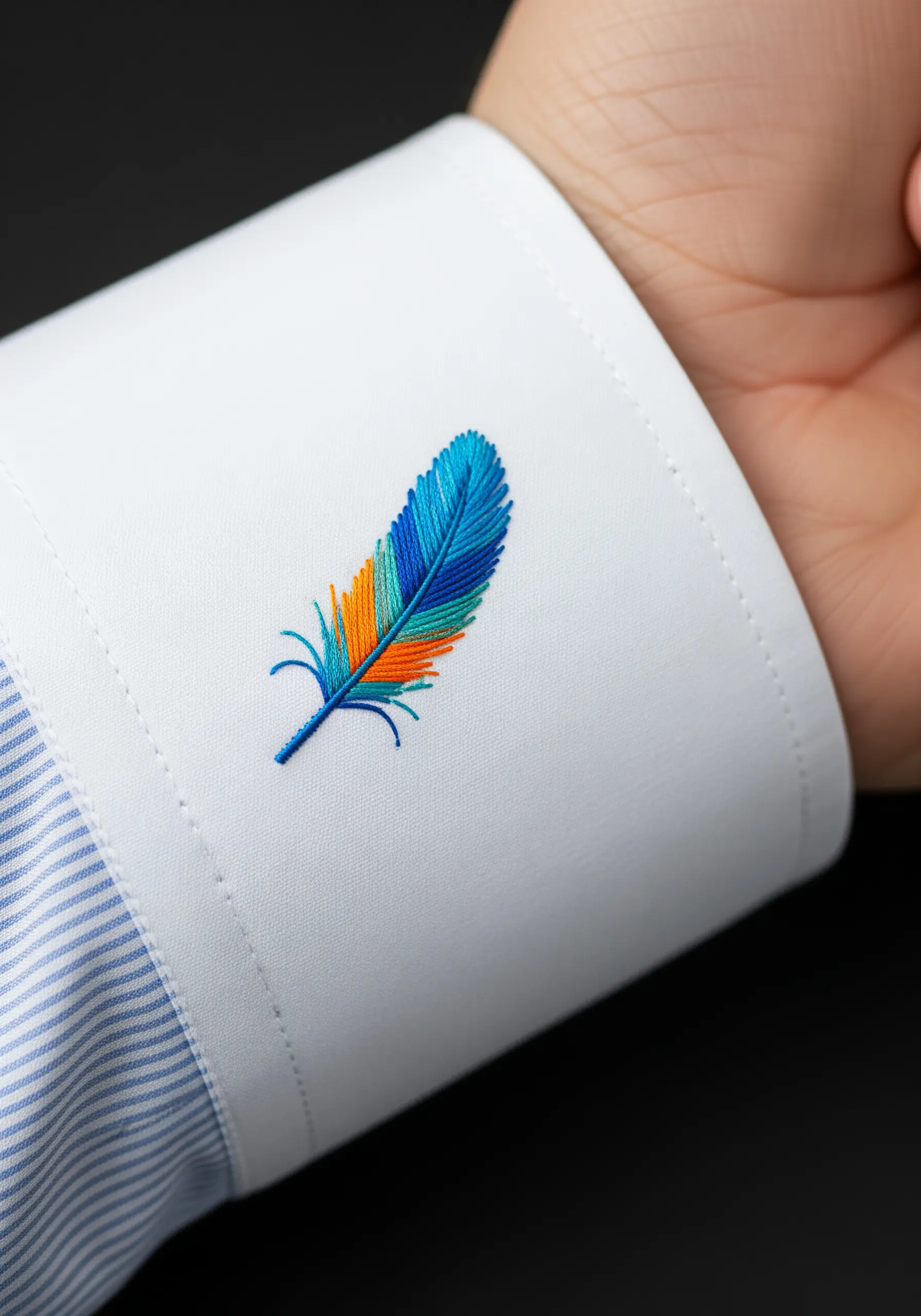 A brightly colored feather with blue, orange, and green gradients embroidered on a shirt cuff.