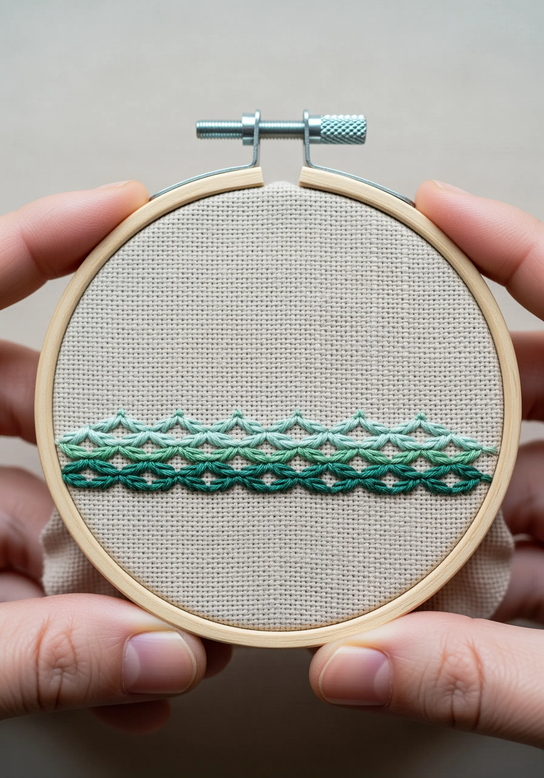Rows of embroidered waves in a green to teal color gradient.