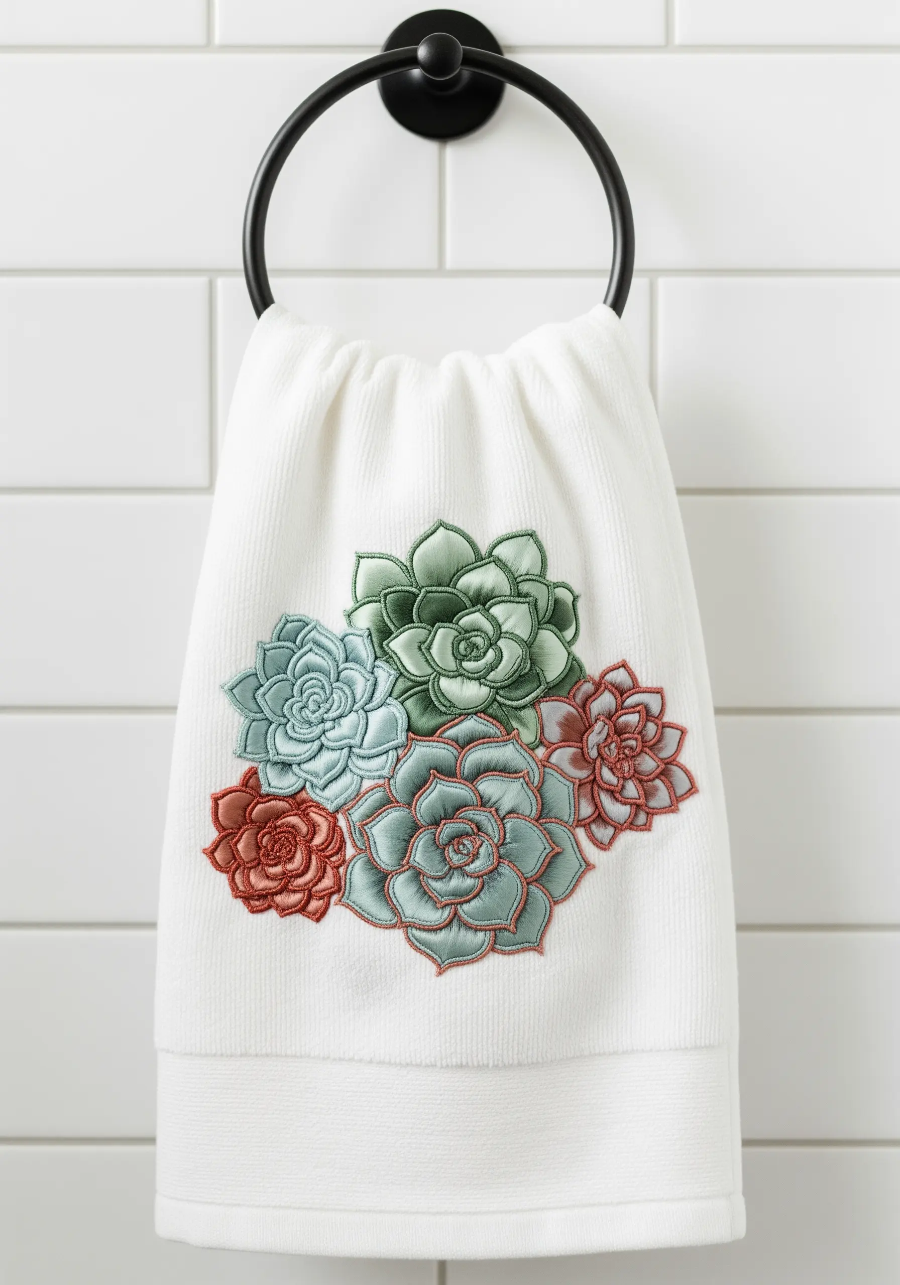 Graphic embroidered succulents in shades of green, blue, and coral on a white towel.