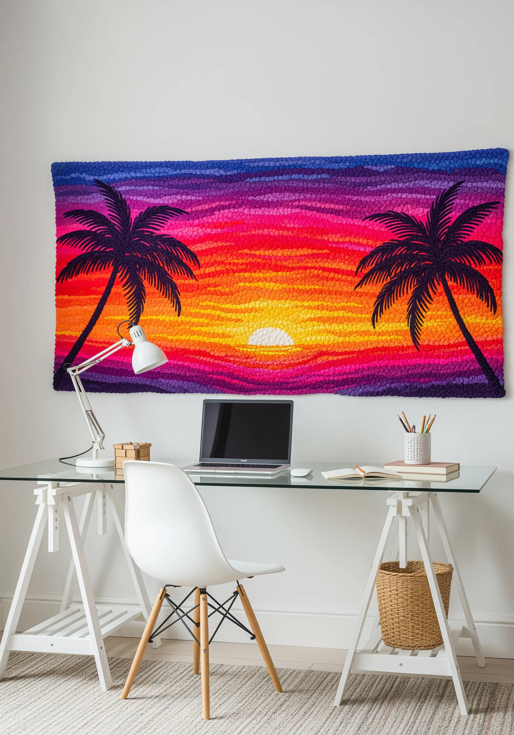 Large, colorful punch needle wall hanging of a sunset with palm tree silhouettes.