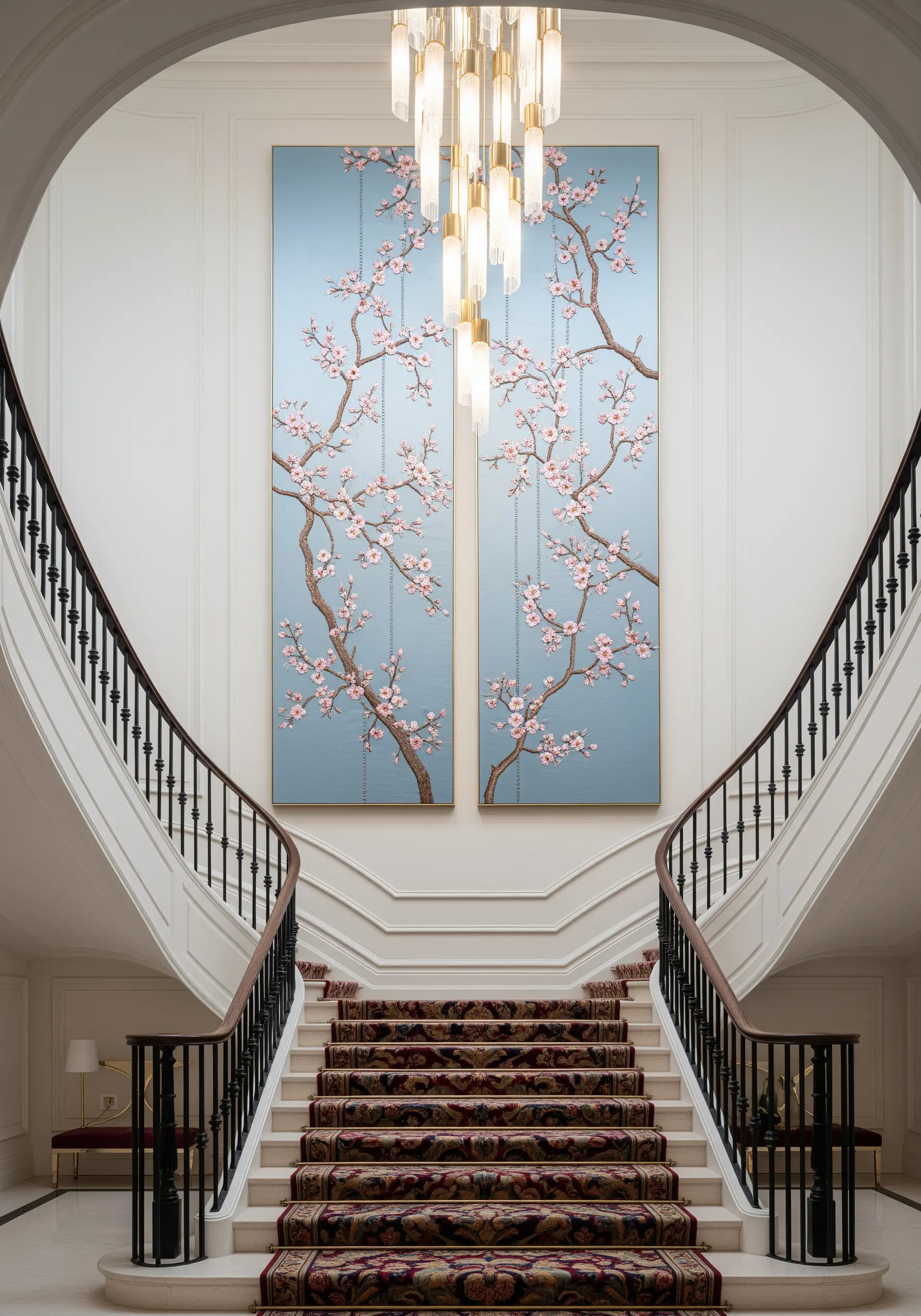Two large vertical panels of embroidered cherry blossoms on a light blue background.