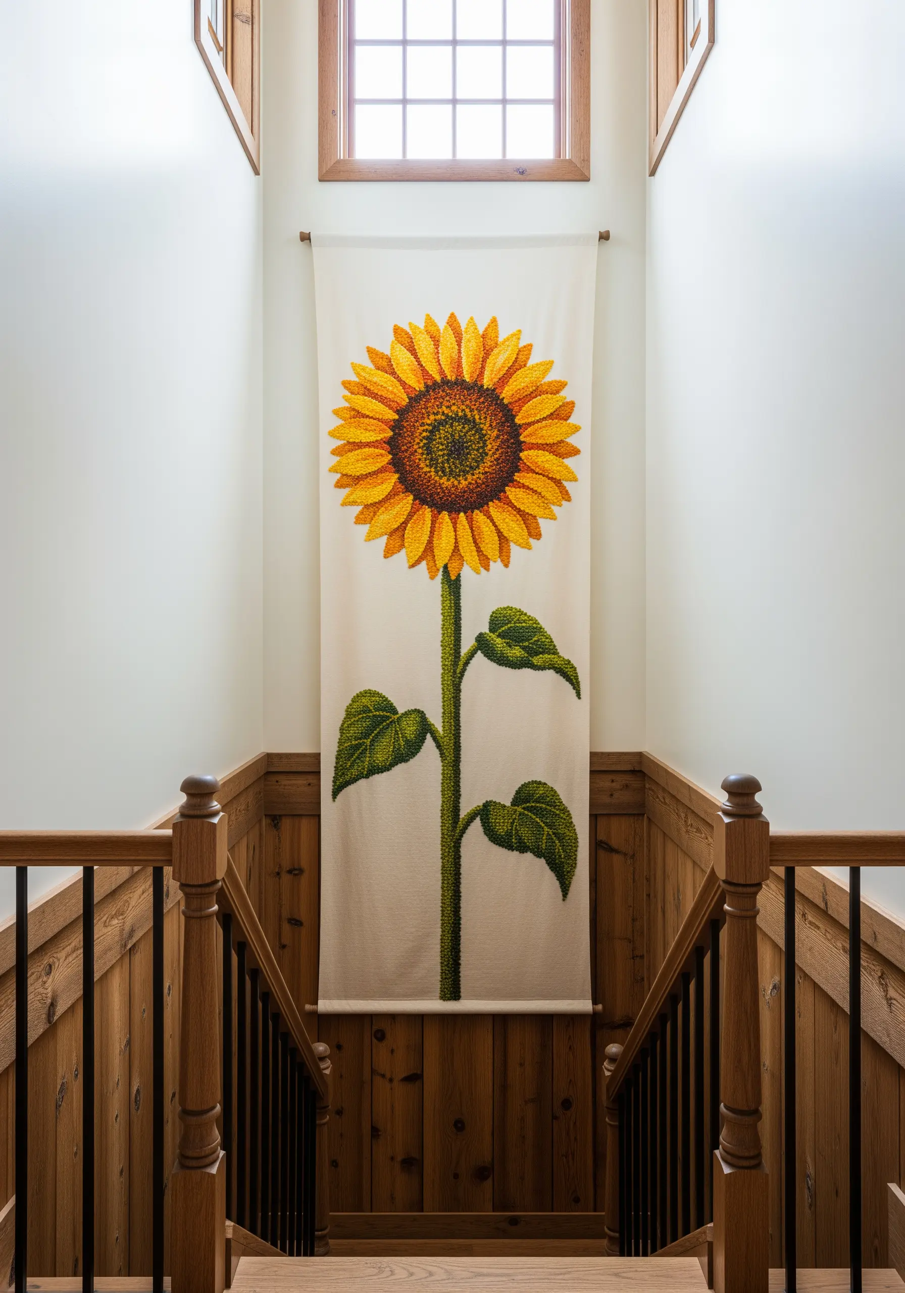 A very large, long wall banner featuring a thread-painted sunflower, hanging in a stairwell.