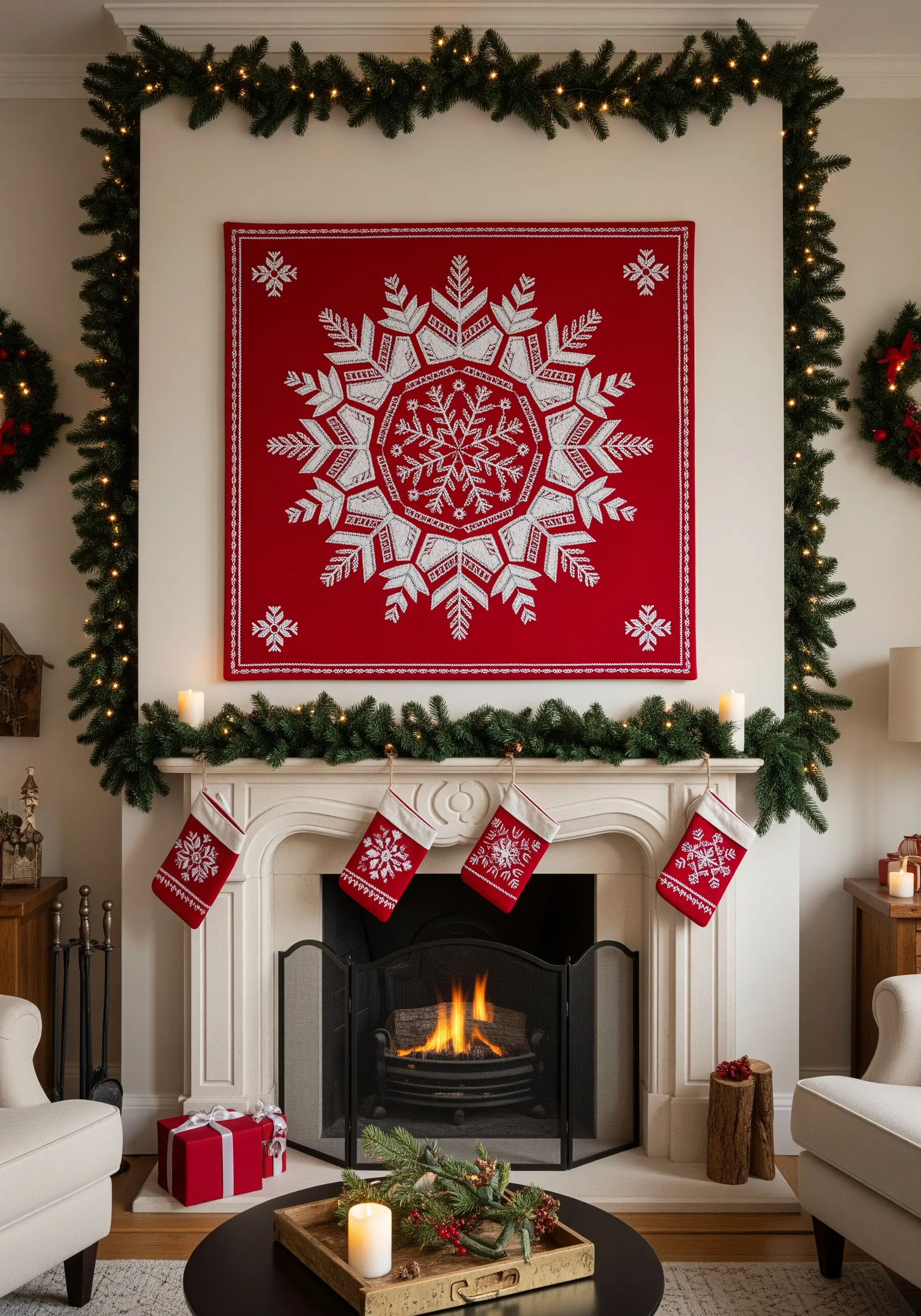Large red wall hanging with a white geometric snowflake mandala design.