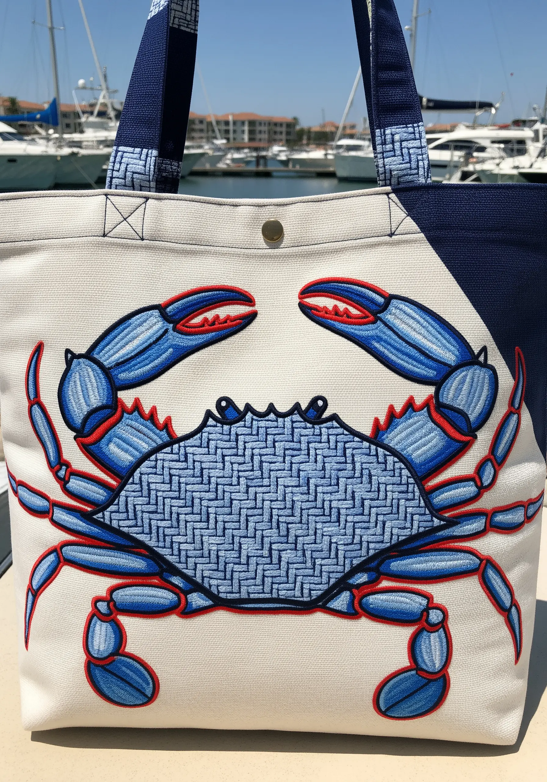 A stylized blue crab embroidered with a geometric fill pattern and bold red outlines.