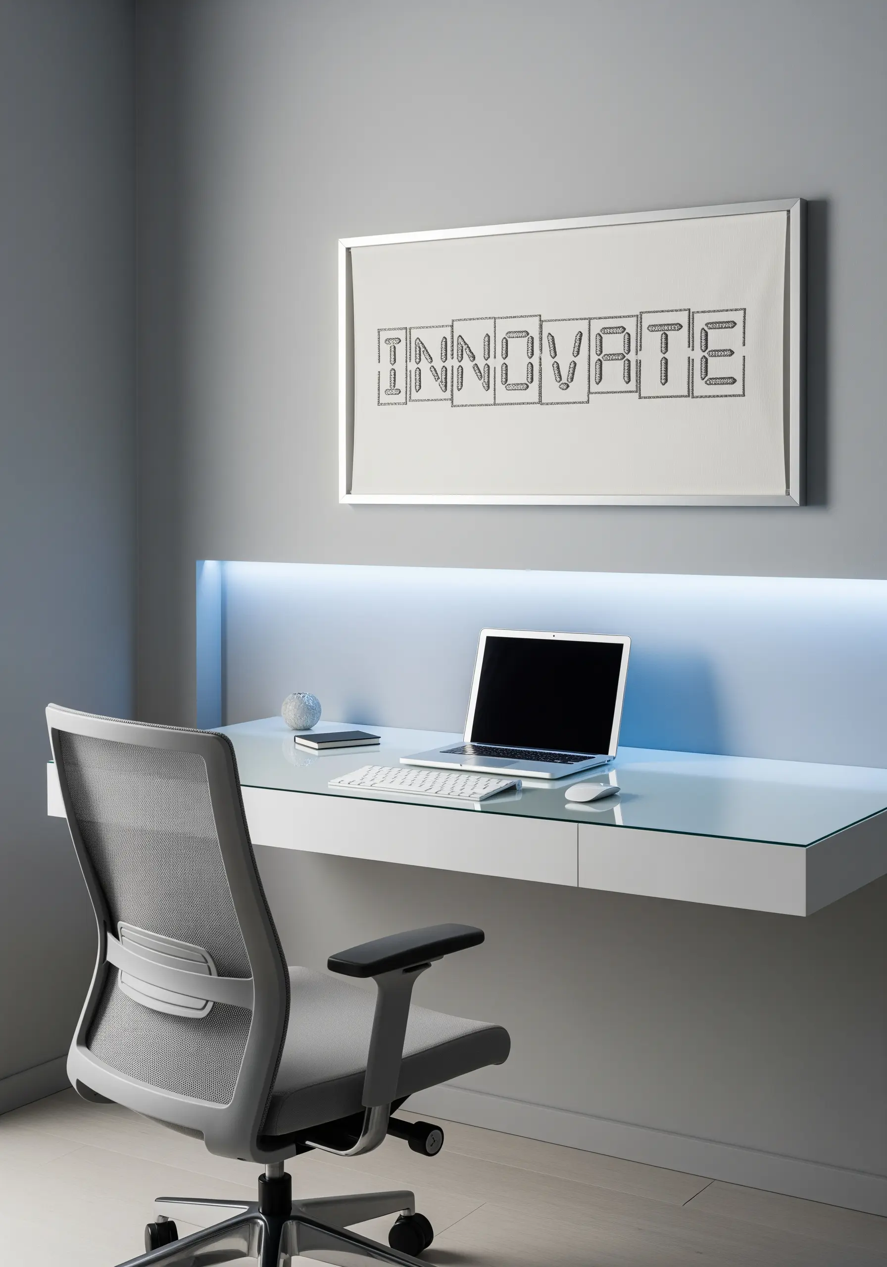 The word 'Innovate' created from negative space with a black stitched background.