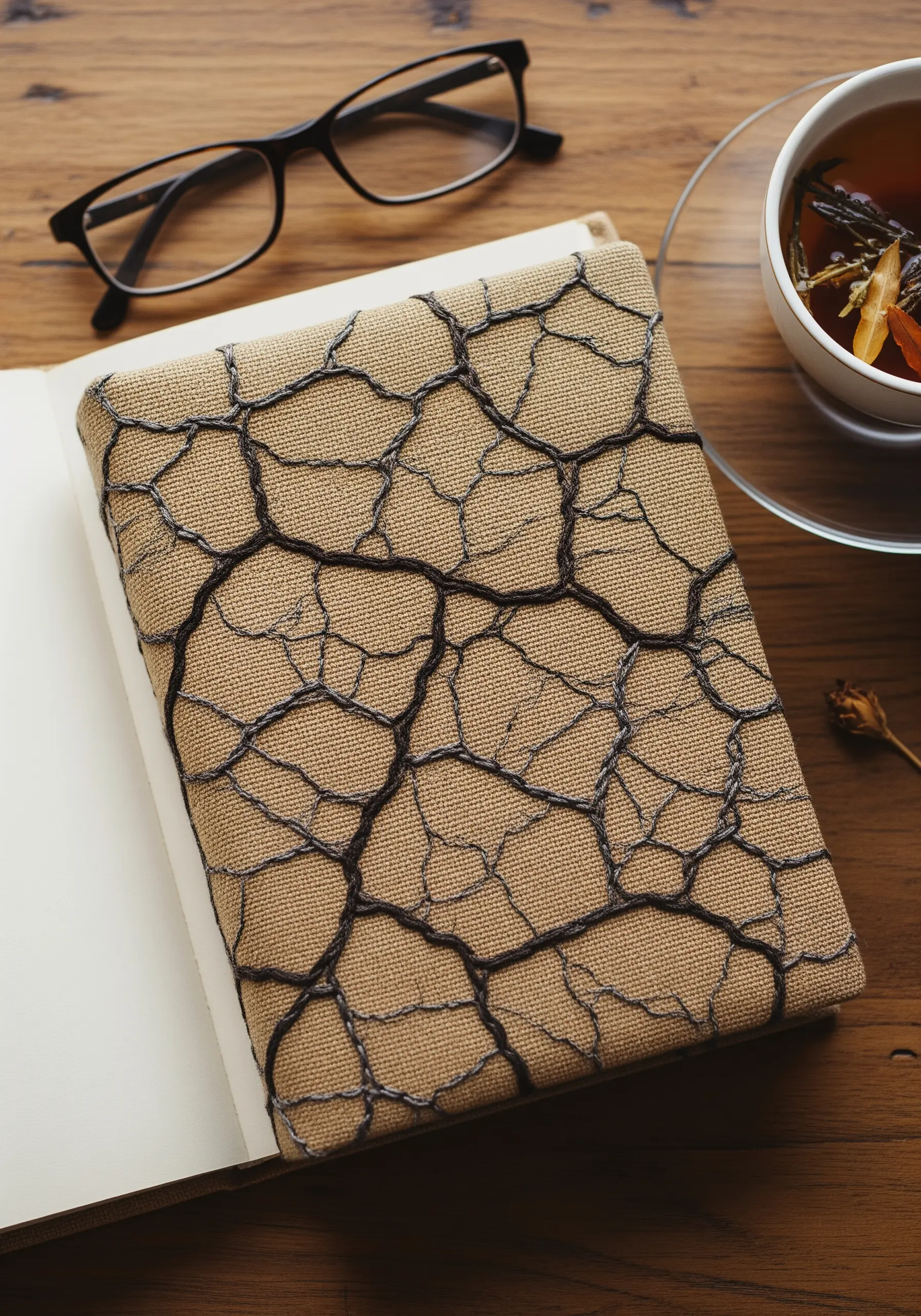 A book cover embroidered with a dark, couched thread to look like cracked dry earth.