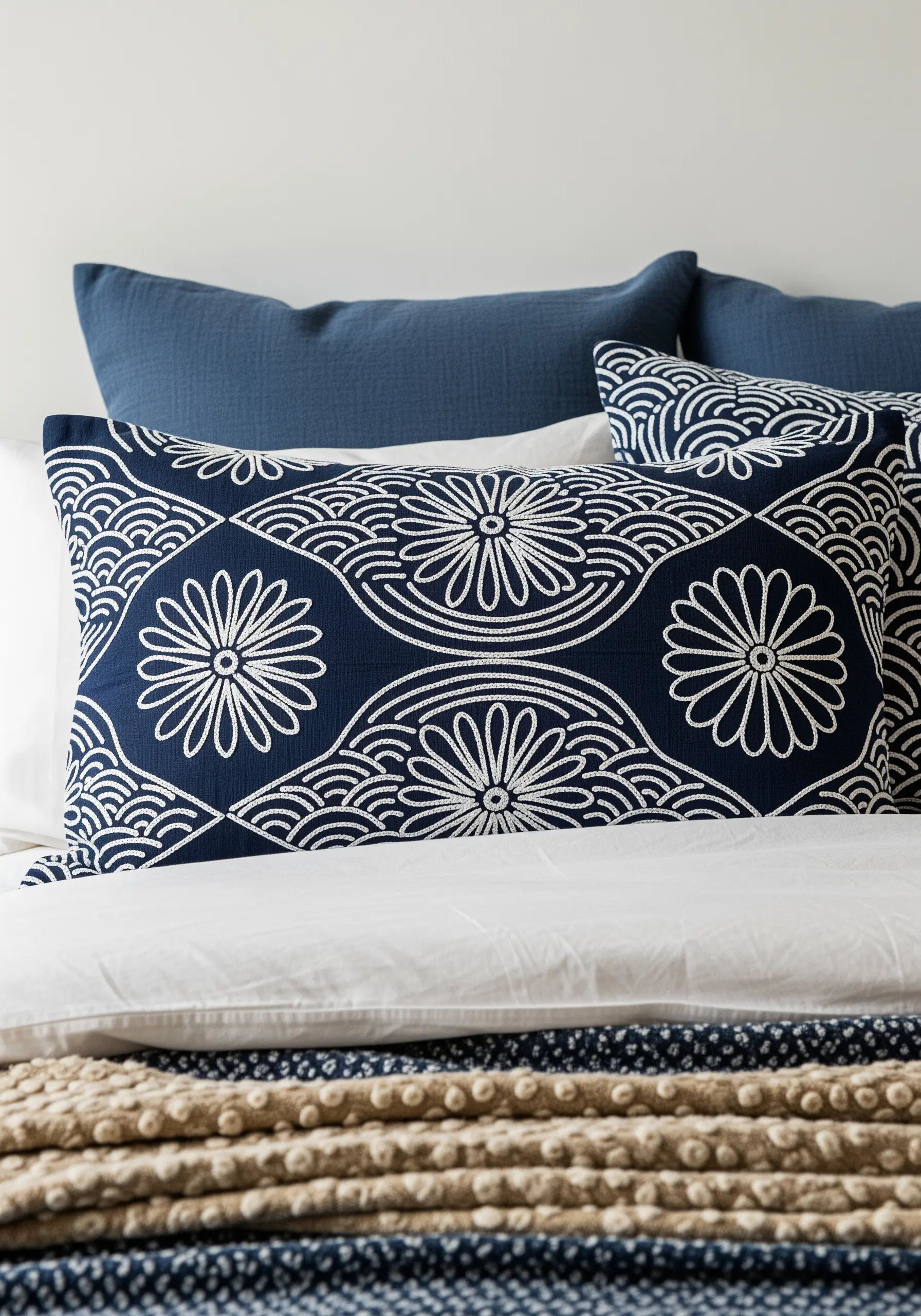 A navy blue pillow with a white embroidered pattern of Japanese waves and stylized flowers.