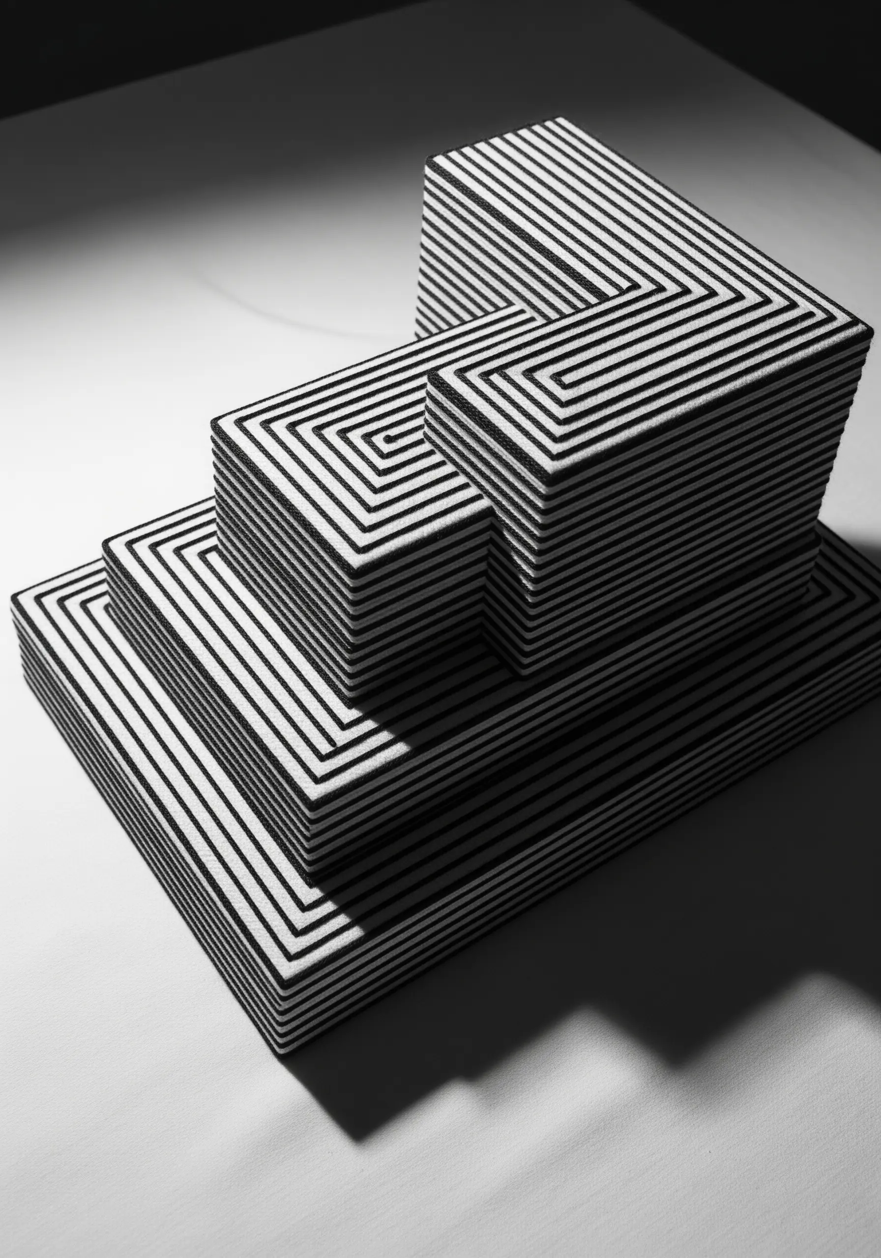 Black and white thread wrapped around stacked geometric blocks creating an optical illusion.