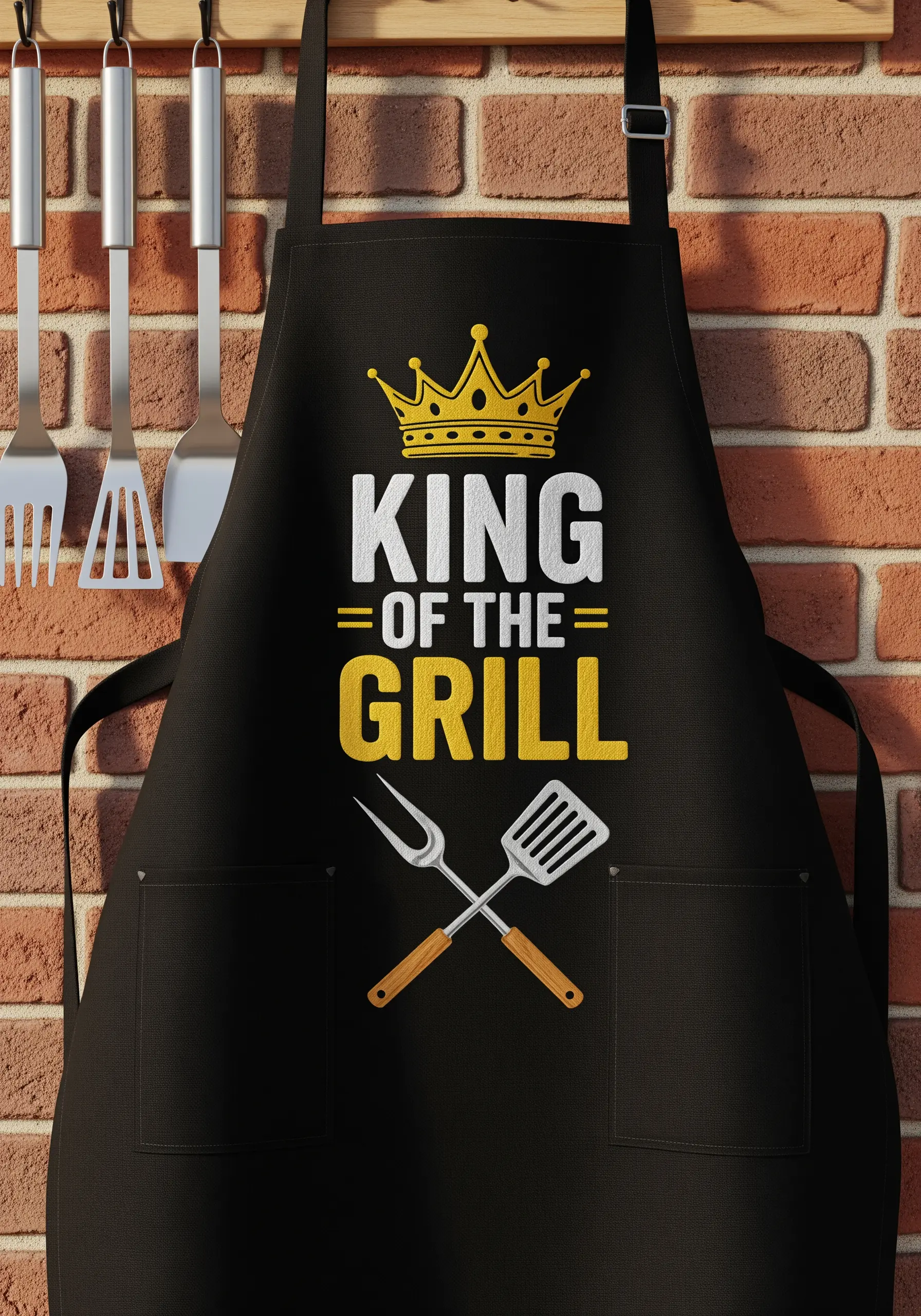 A black apron with the text “King of the Grill” and a crown embroidered in white and yellow.