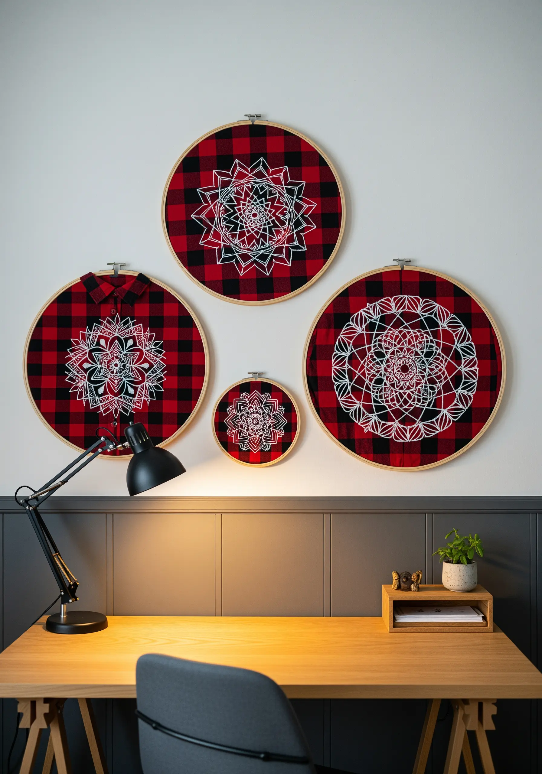 White and red thread mandalas embroidered on red and black plaid fabric in four hoops.