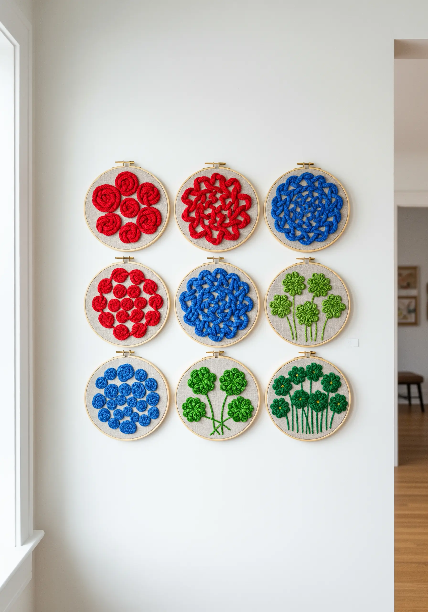 A gallery wall of nine embroidery hoops, each featuring a bold motif in raised stem stitch.