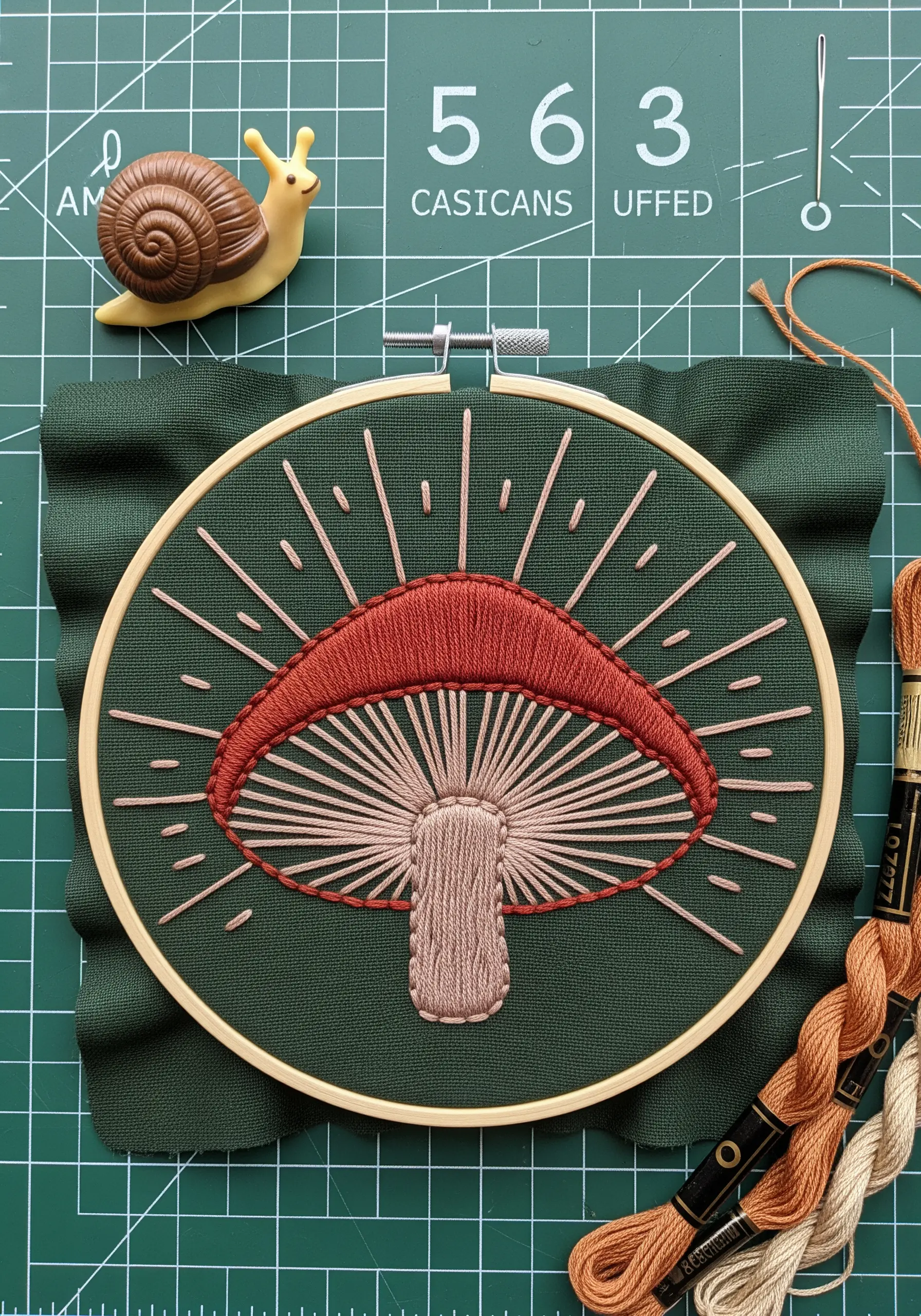 A stylized mushroom embroidered with radiating lines suggesting light and gills.