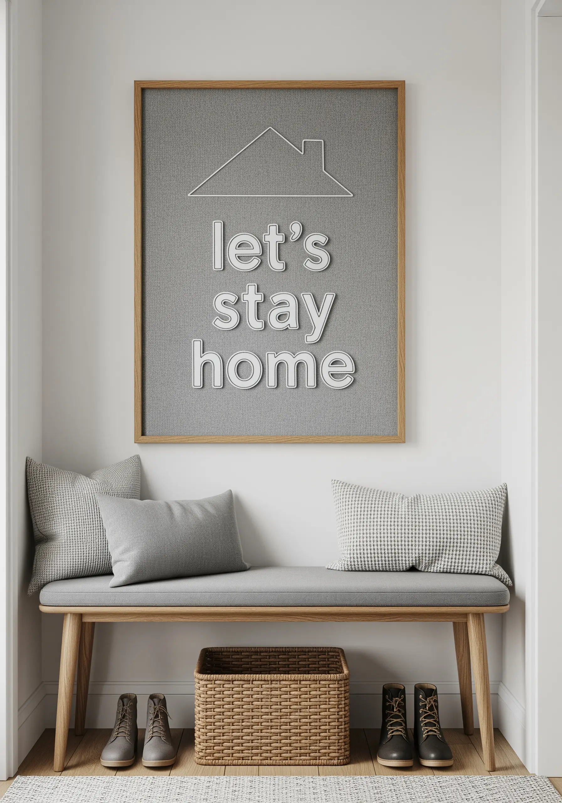'Let's stay home' embroidery with a 3D effect from shadowed outlines on grey fabric.