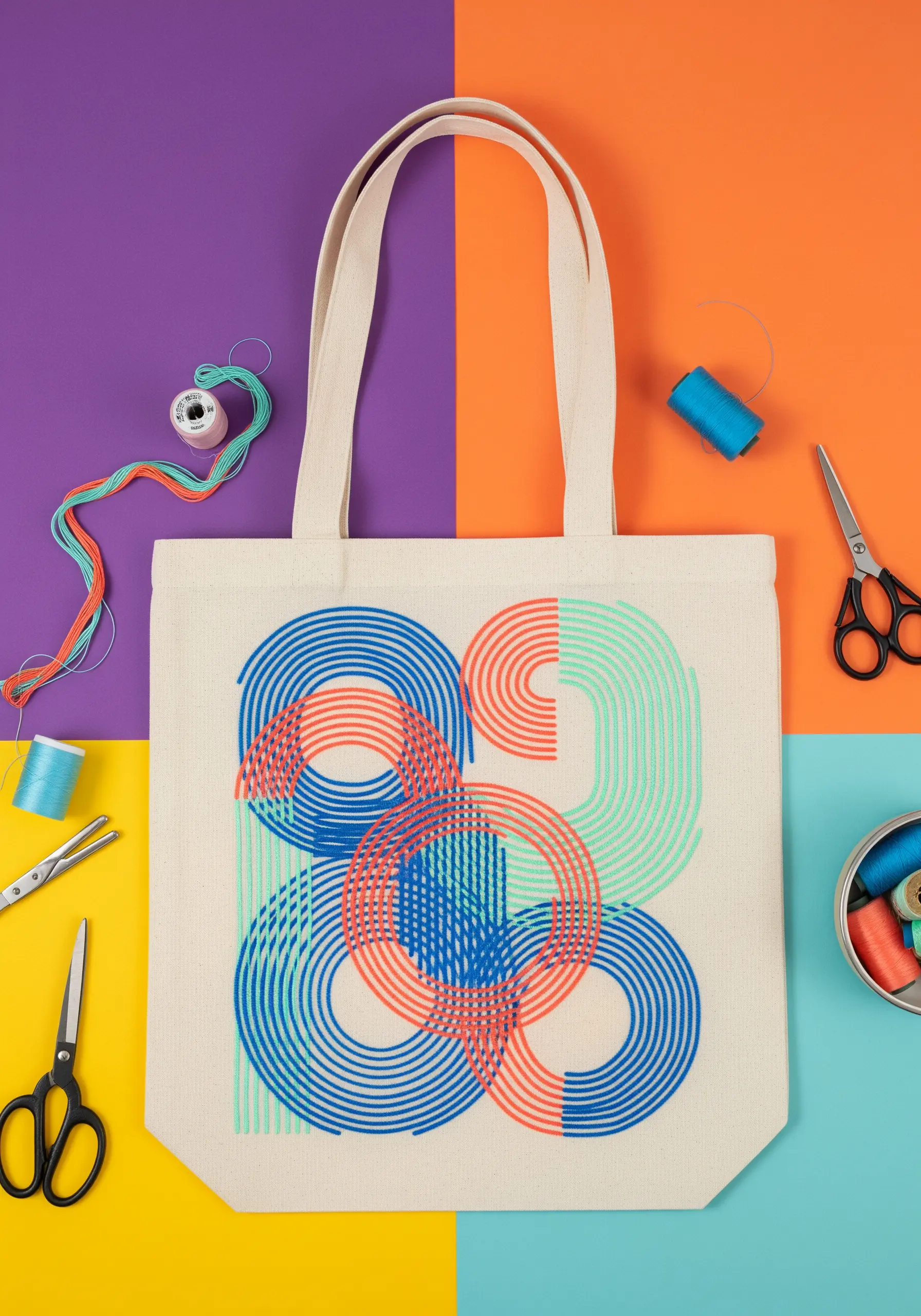 Modern geometric design with concentric circles stitched in red, blue, and mint on a canvas tote bag.