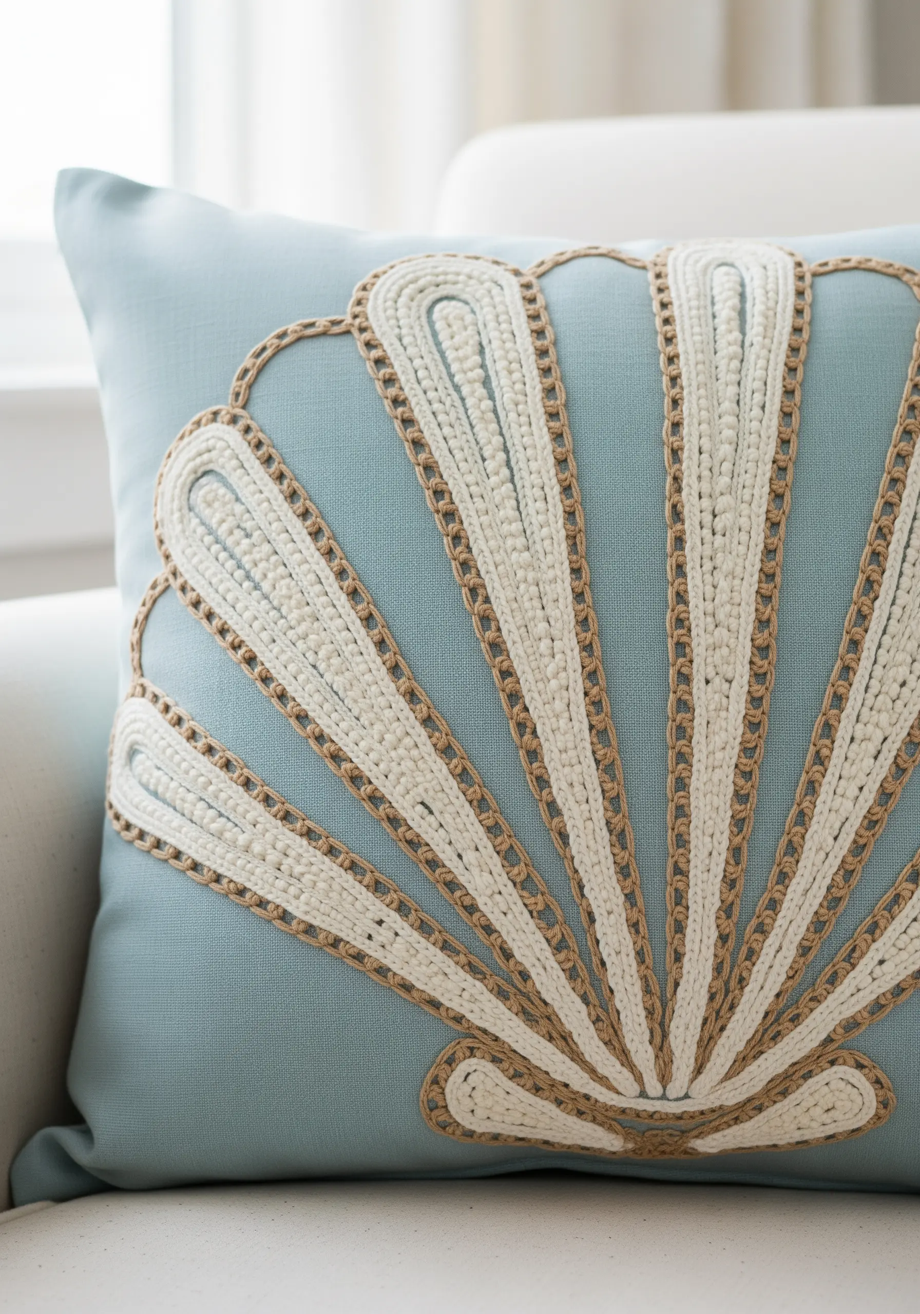 A blue cushion with an embroidered seashell motif using thick white yarn and jute cord.